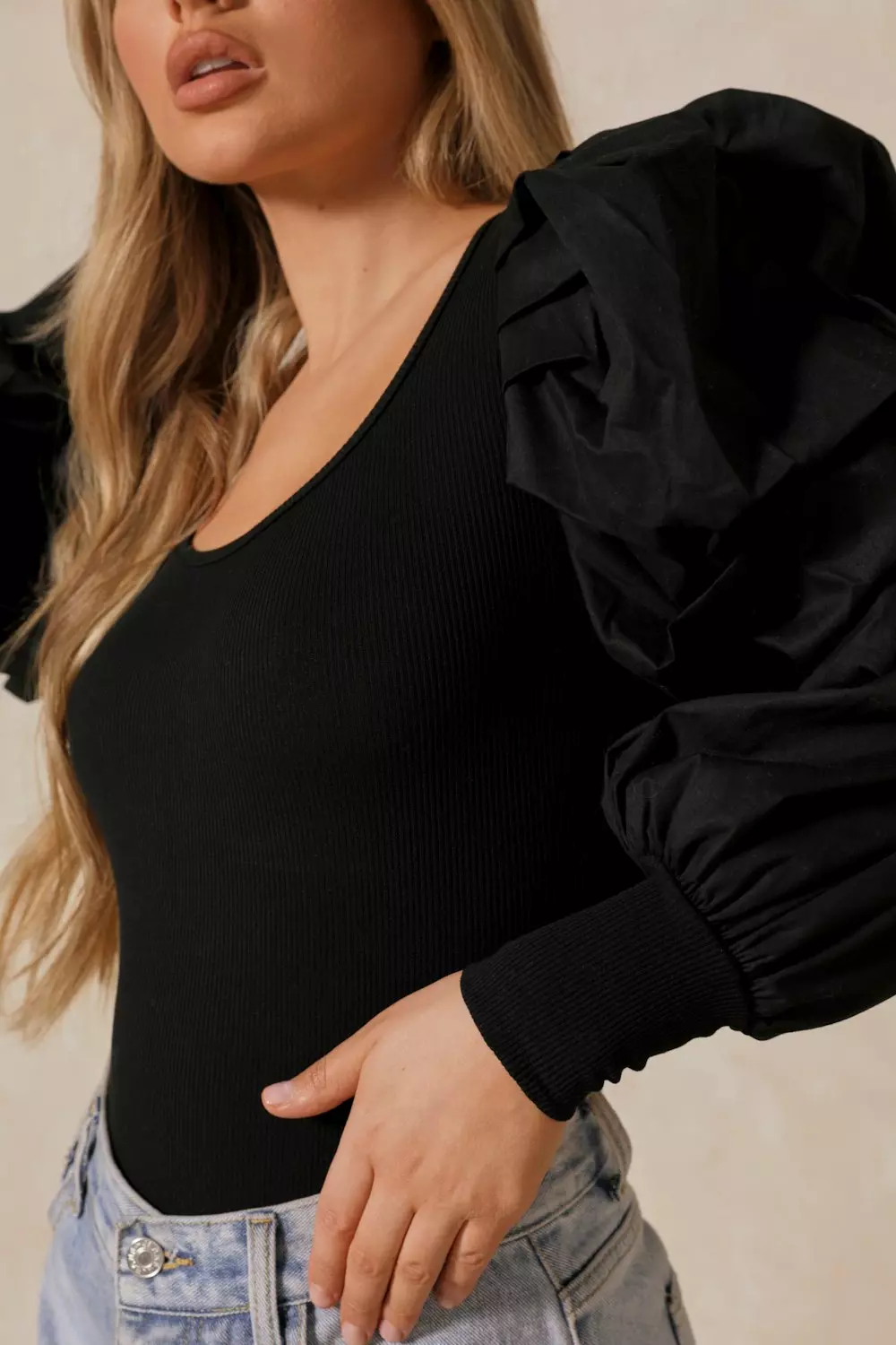 Extreme puff shop sleeve ribbed top