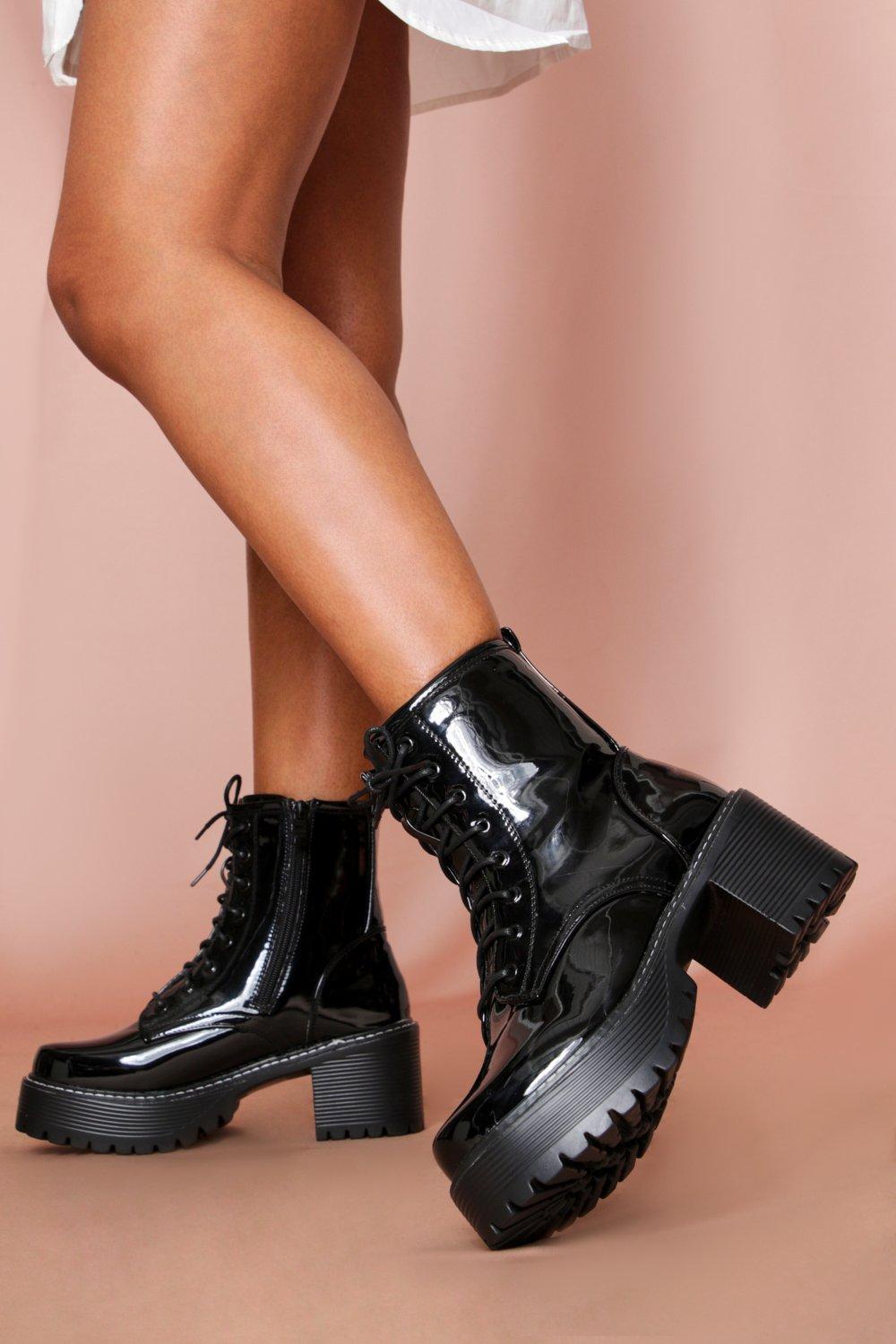 black chunky patent boots