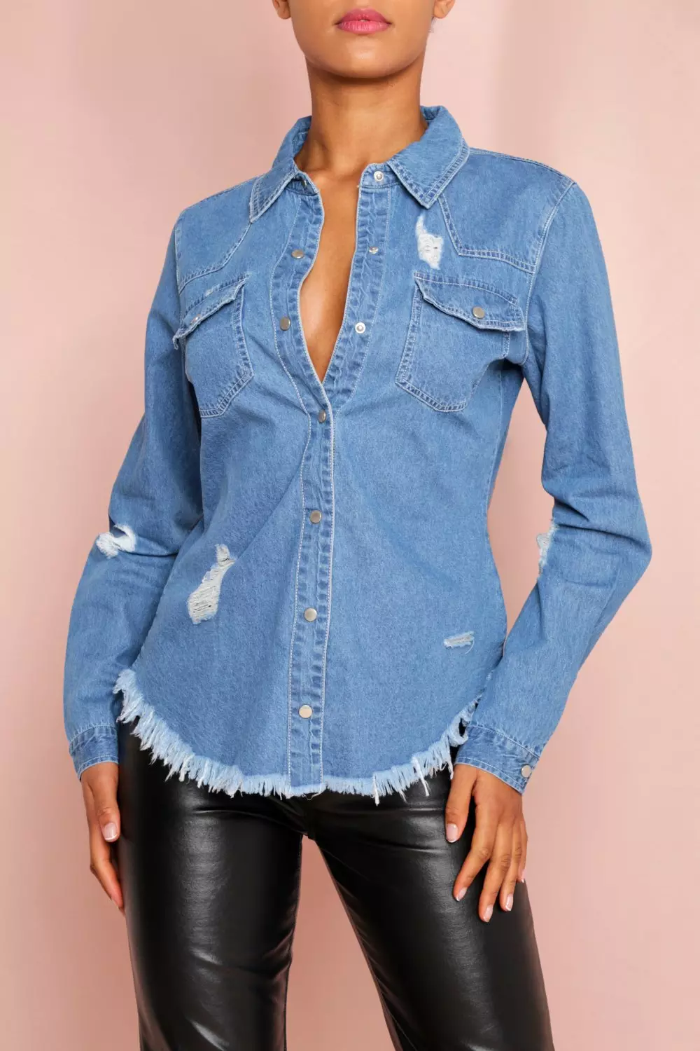 Mavi Jeans Dina Frayed Hem Denim Button-Up Shirt