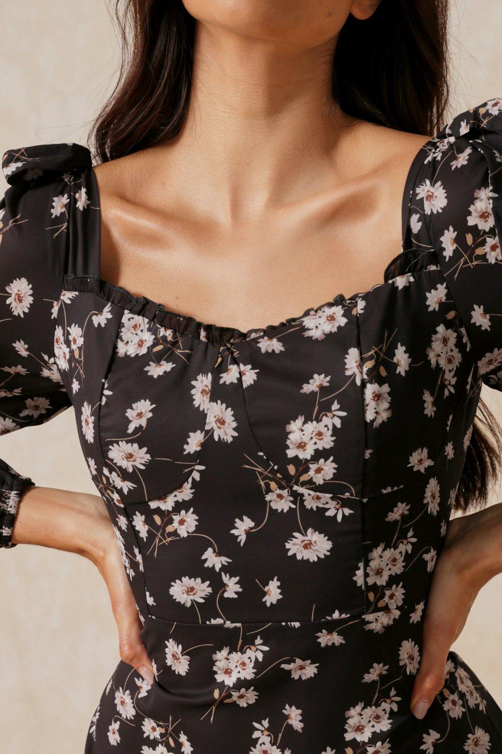 Riu  Square collar flower dress ブラック