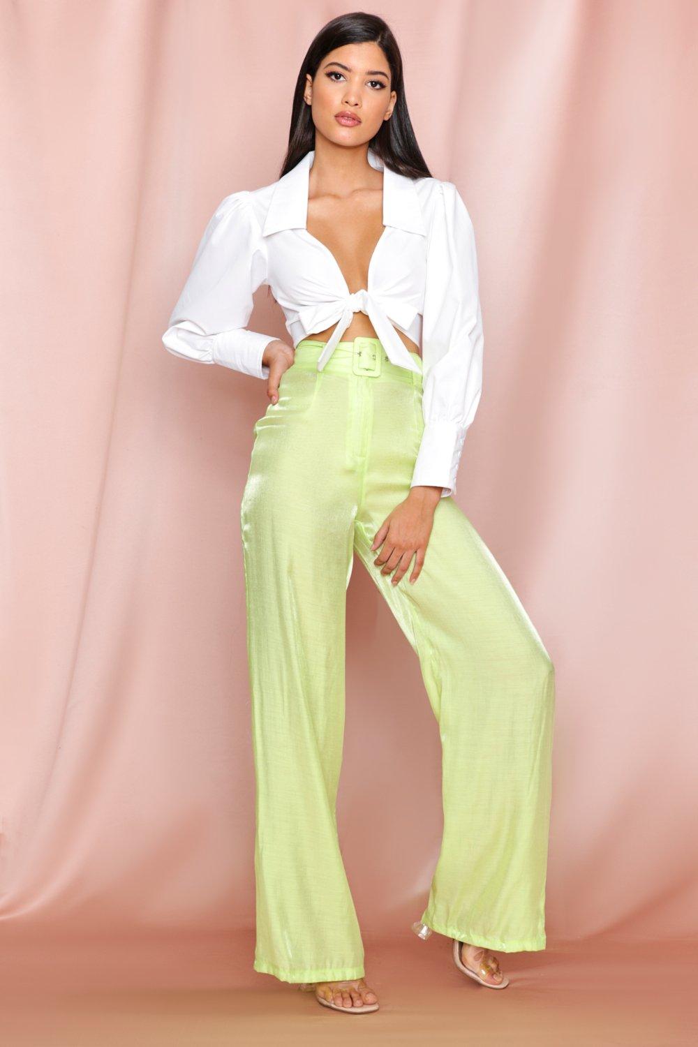 Metallic Satin Belted High Waisted Trousers | Misspap UK