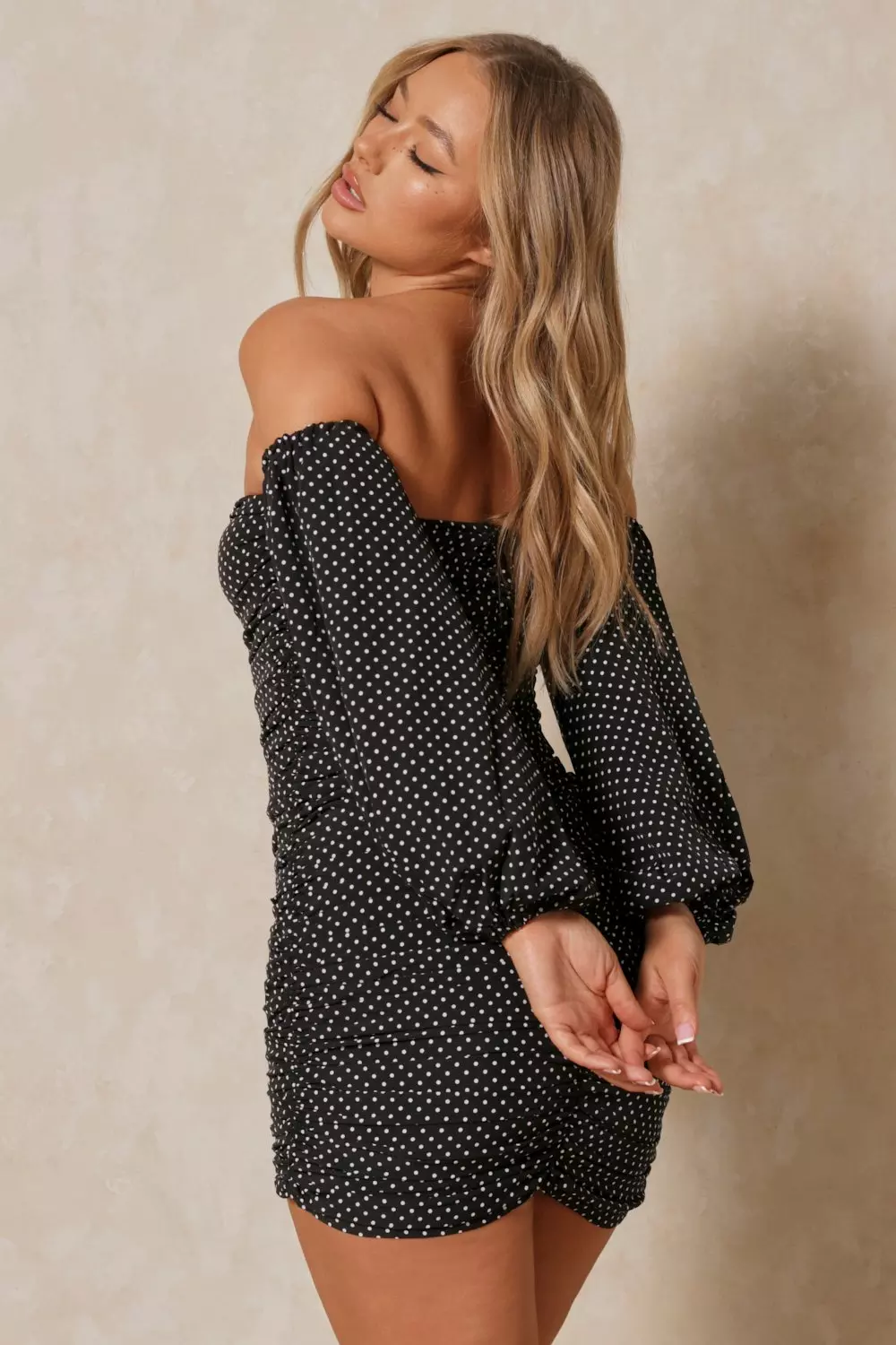 Polka Dot Ruched Balloon Sleeve Bardot Dress | Misspap UK