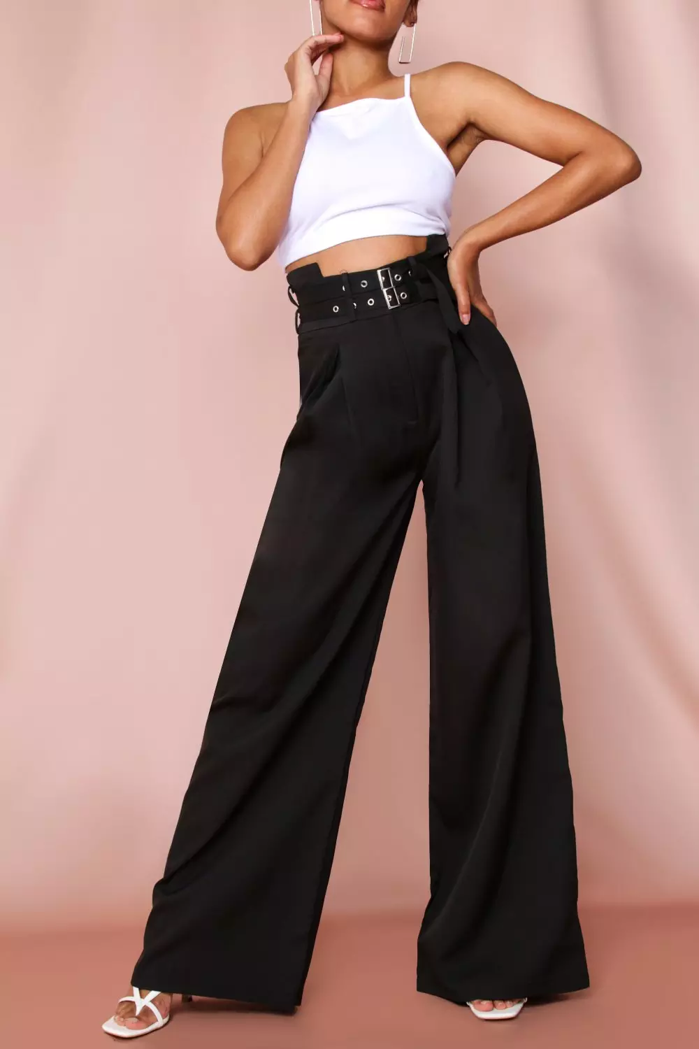 High Waisted Double Belted Wide Leg Pants