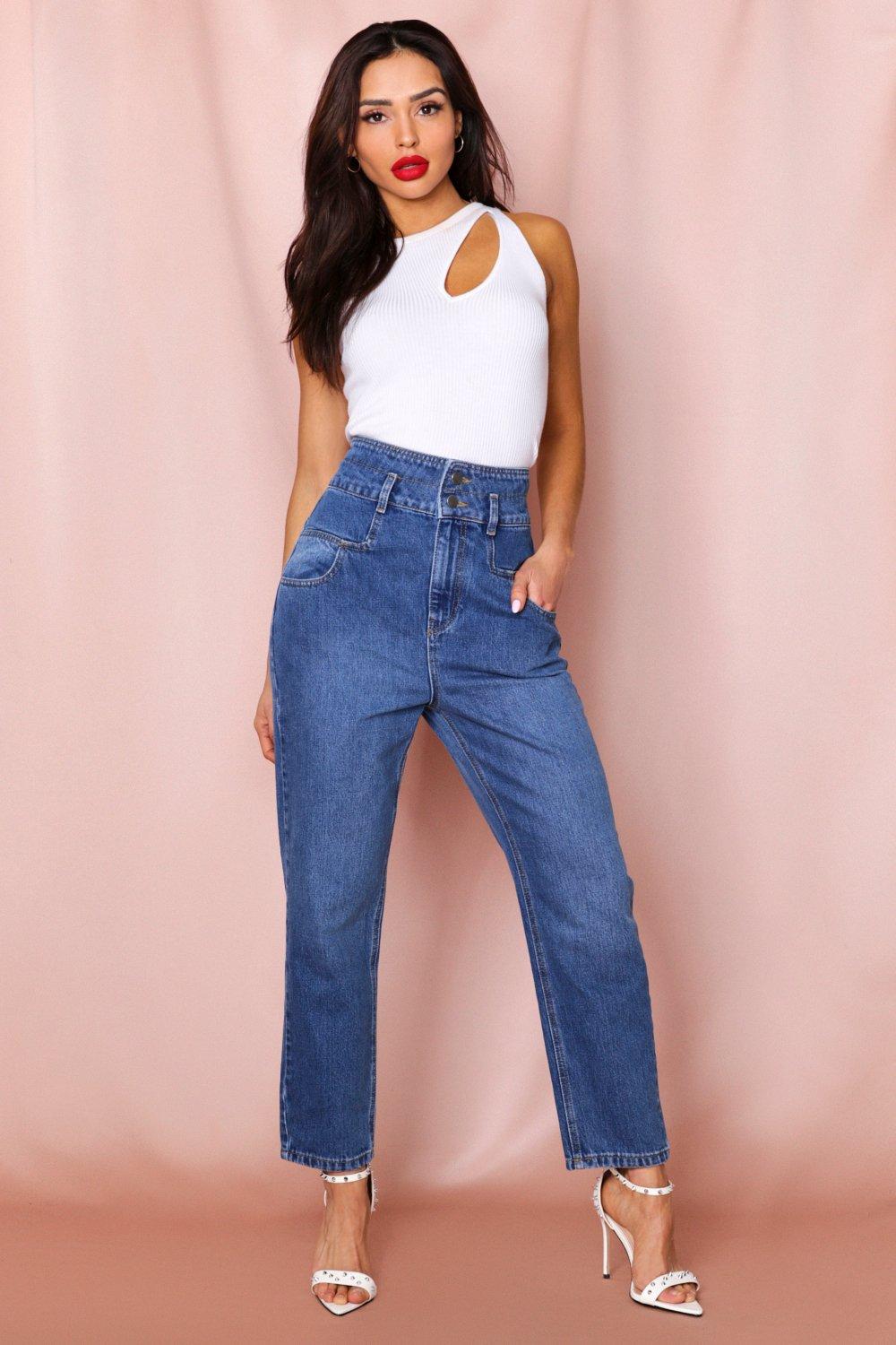 high waisted double button jeans