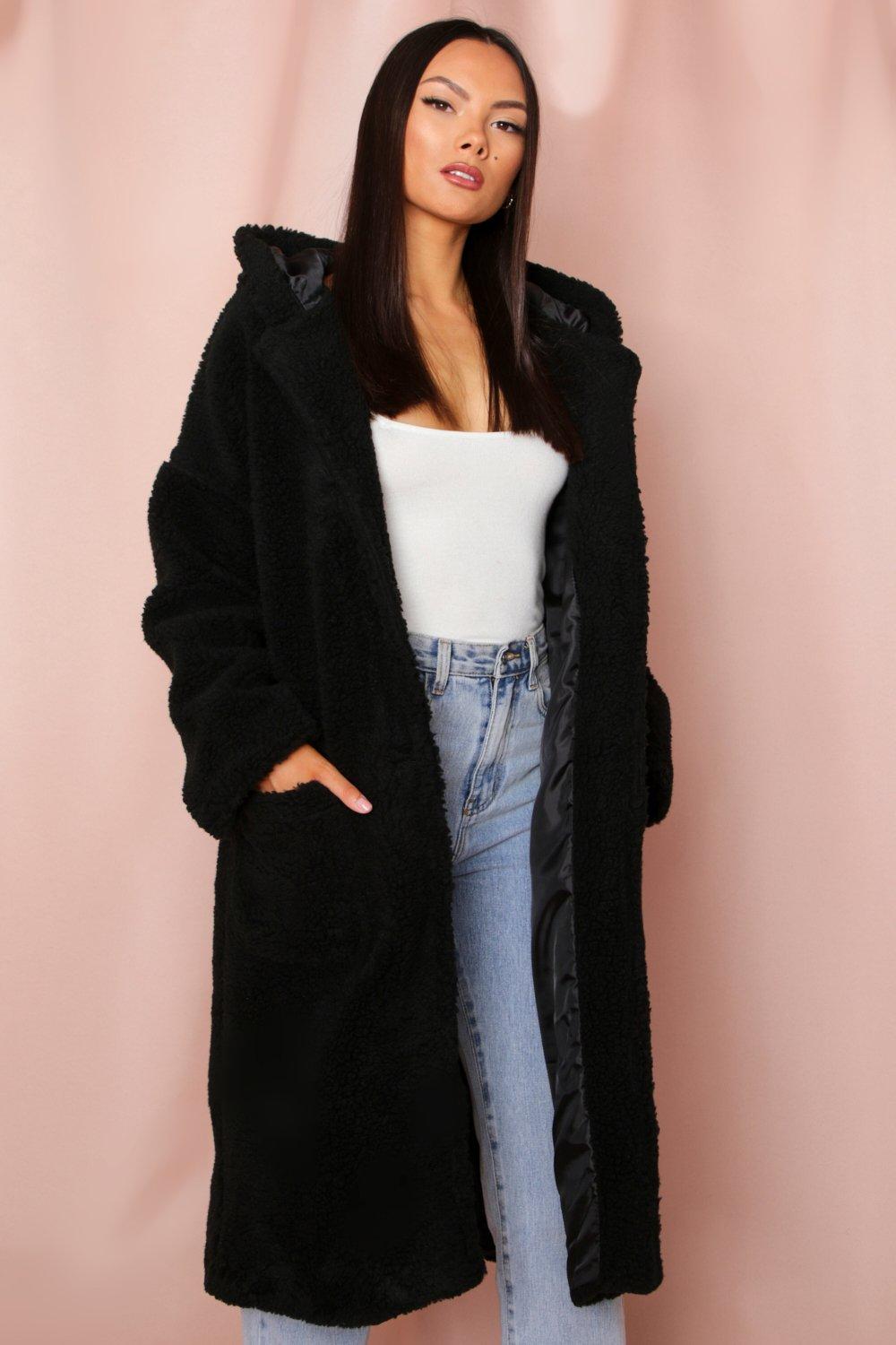 black teddy coat with hood