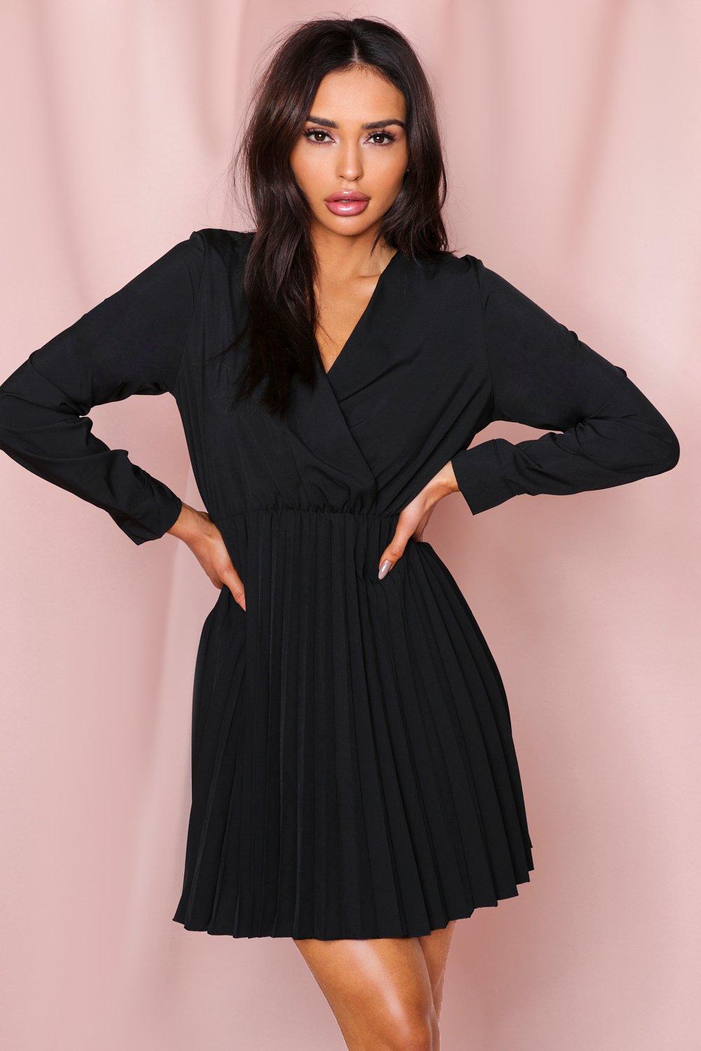 wrap front pleated dress