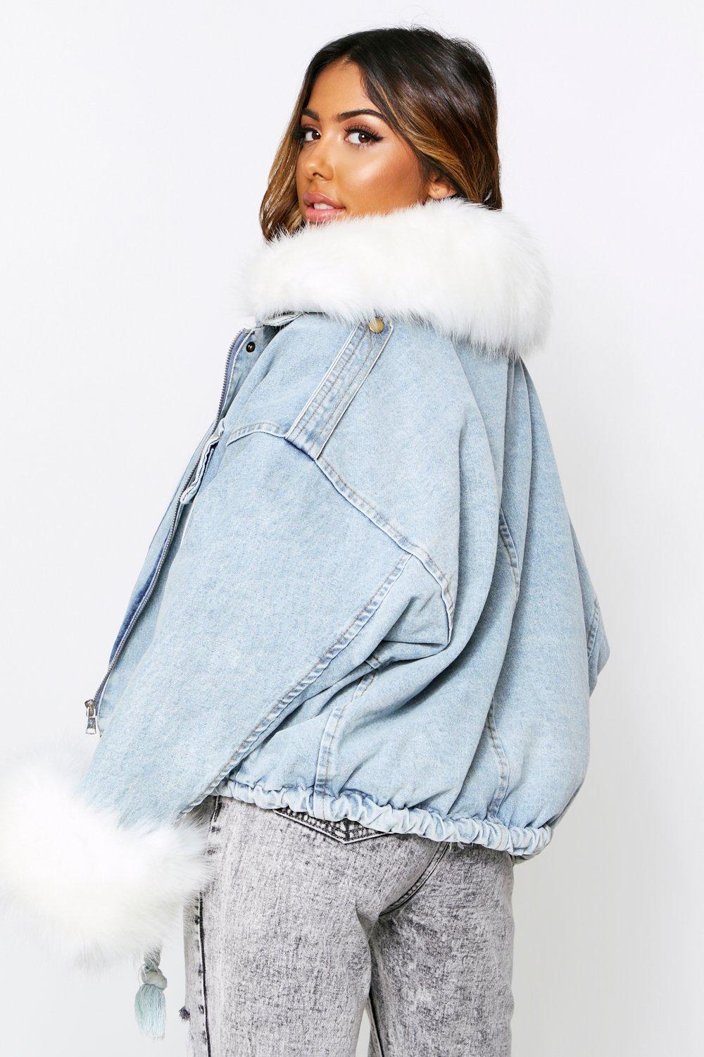 faux fur trim oversized denim jacket