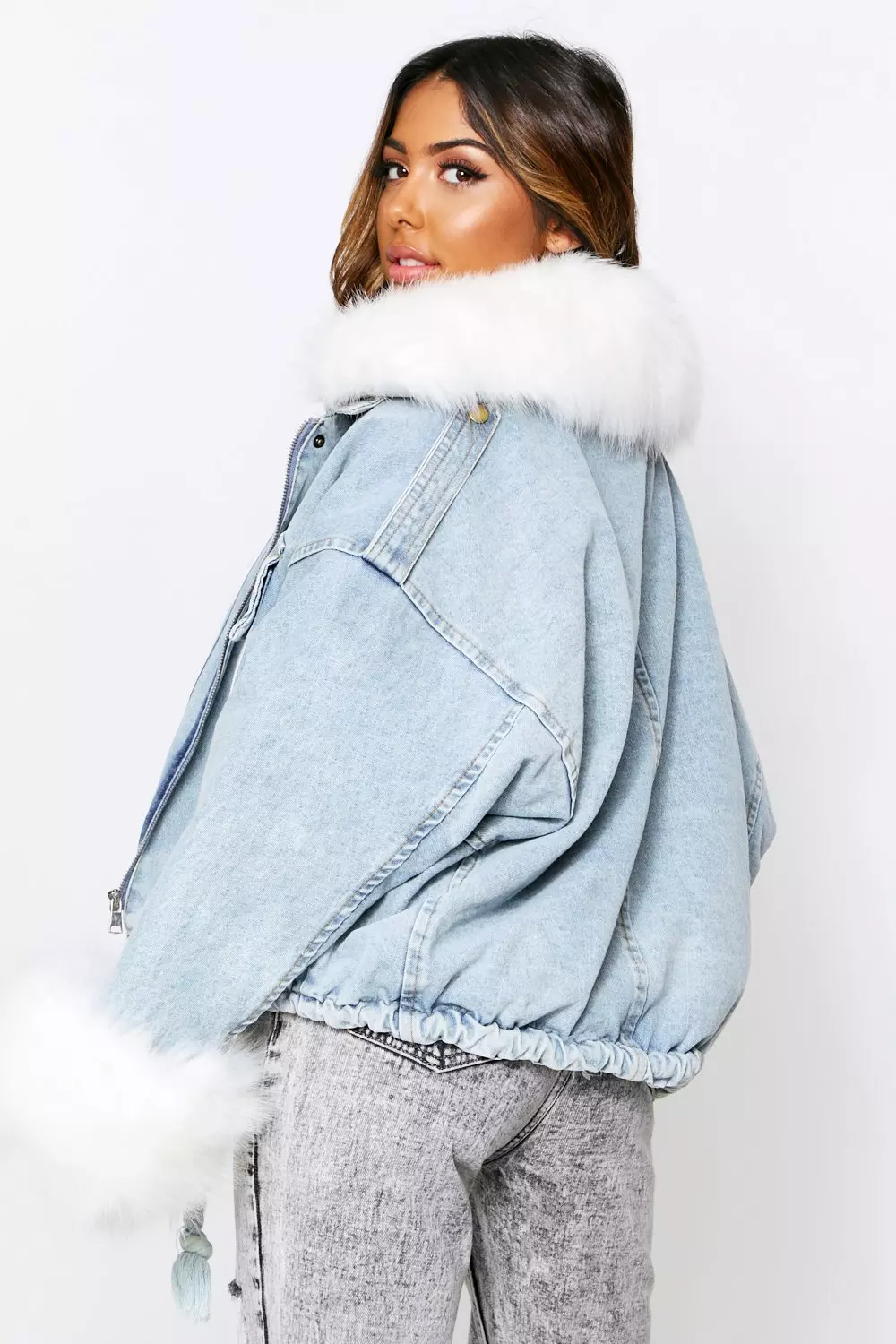 Oversized Denim Jacket With Faux Fur Trim