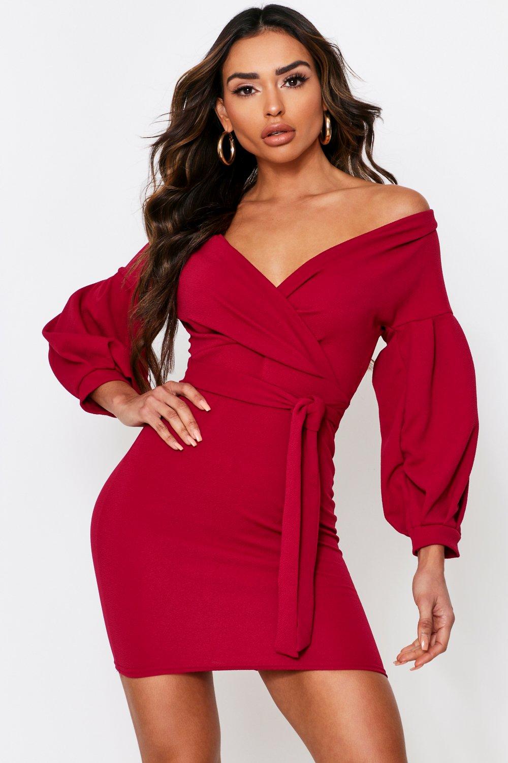 off the shoulder wrap mini dress