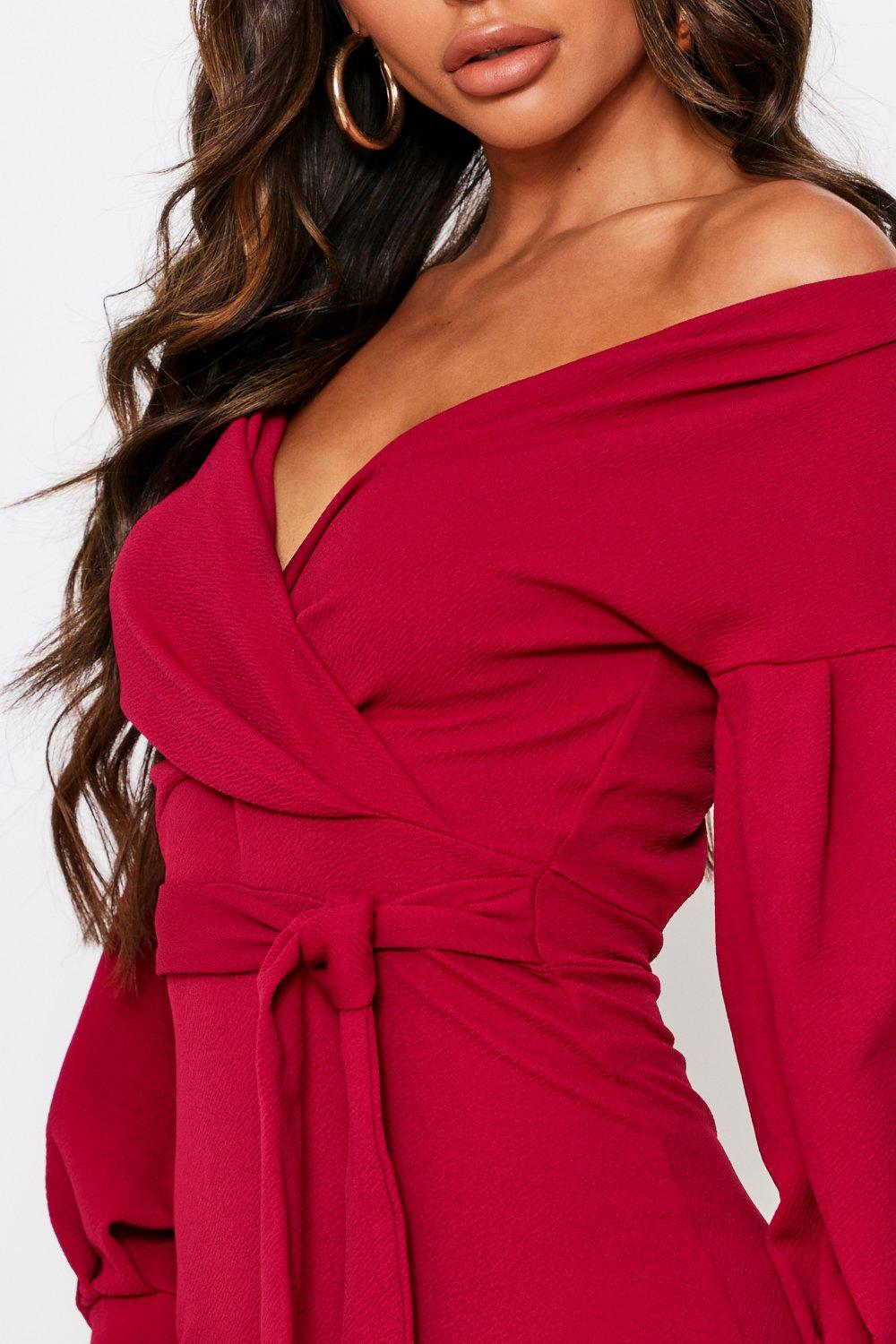 off the shoulder wrap mini dress