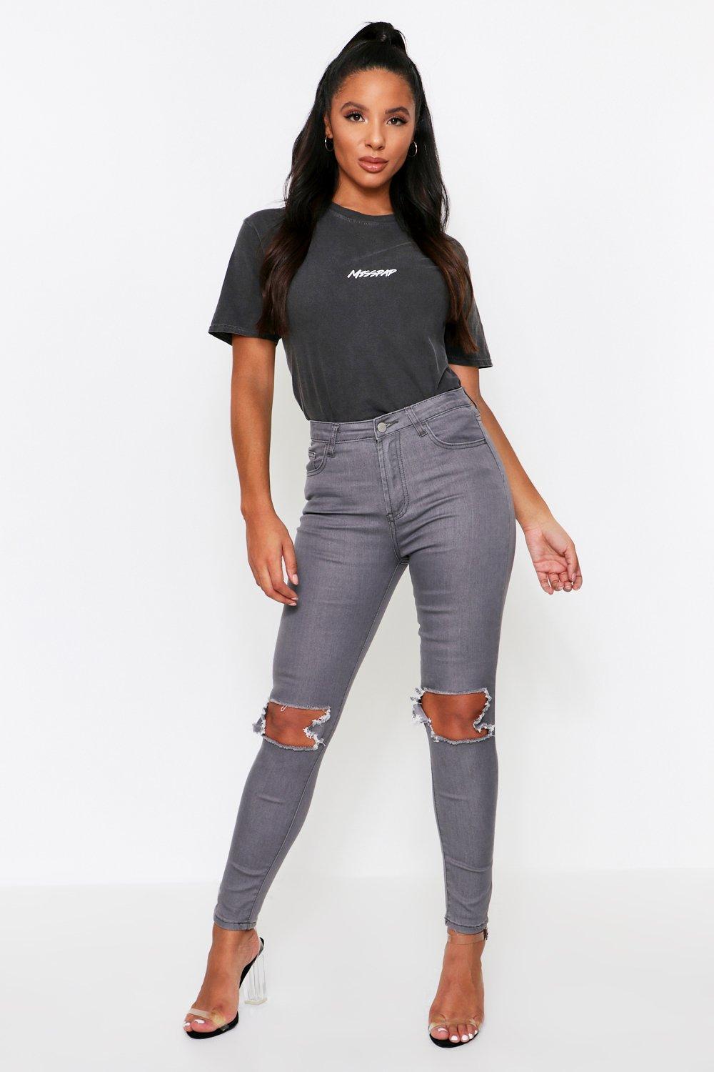 grey ripped knee skinny jeans