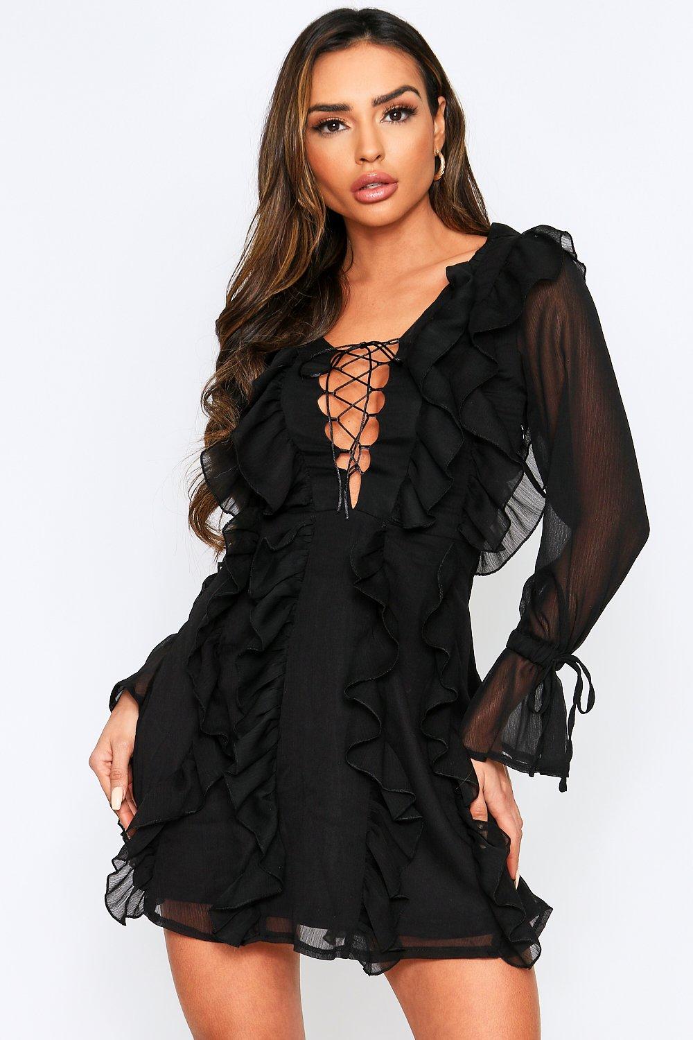 black chiffon ruffle dress