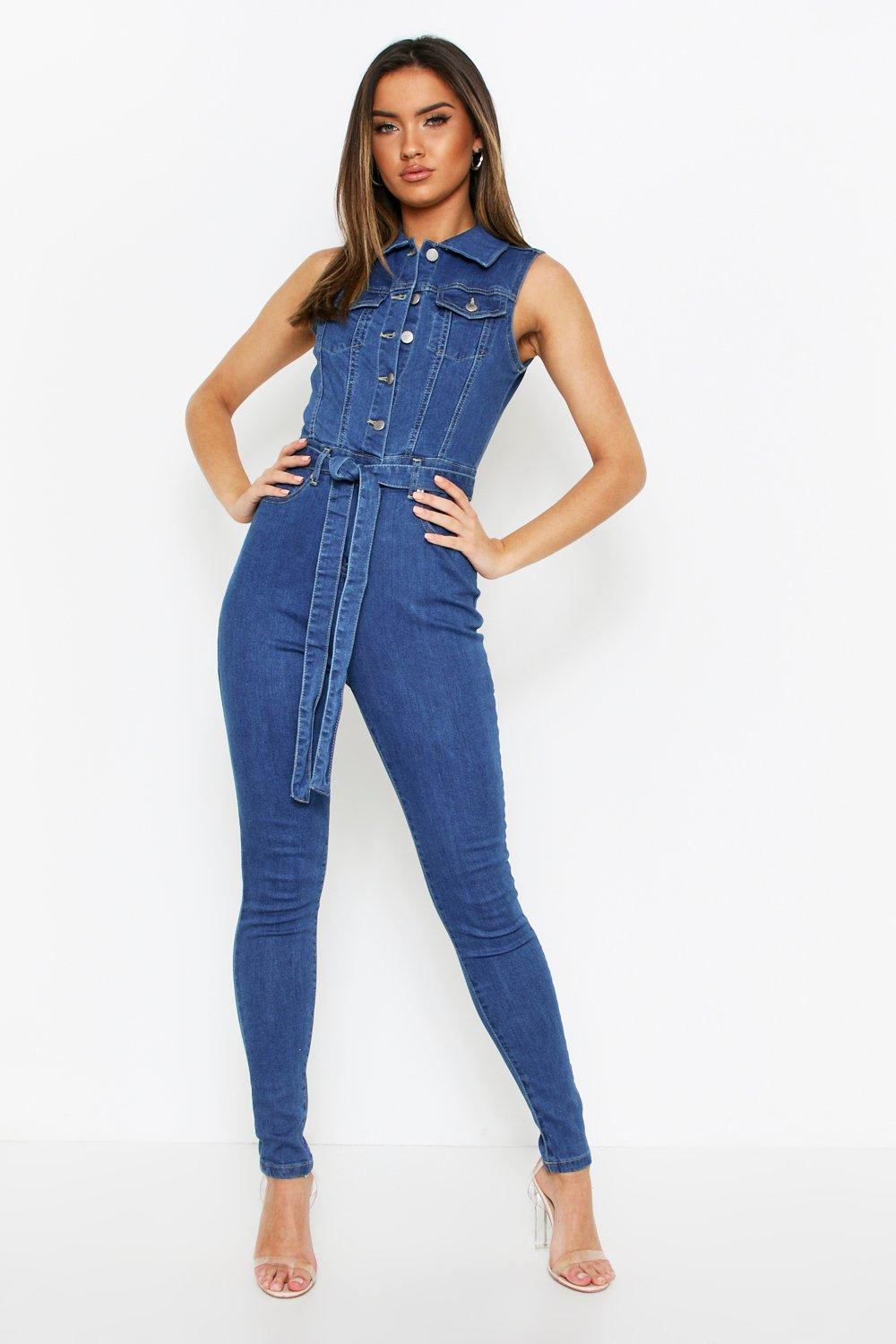 tie waist denim jumpsuit