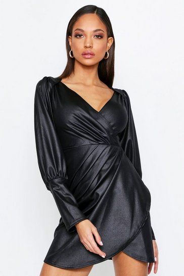 leather Look Puff Shoulder Wrap Dress ...