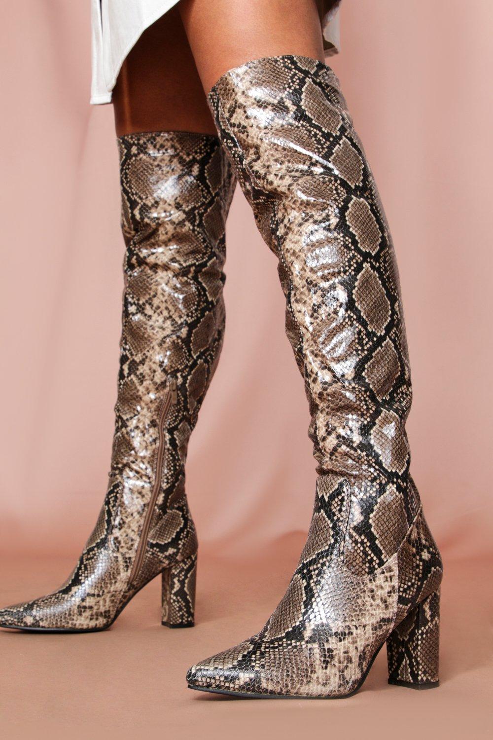 snakeskin thigh high boot
