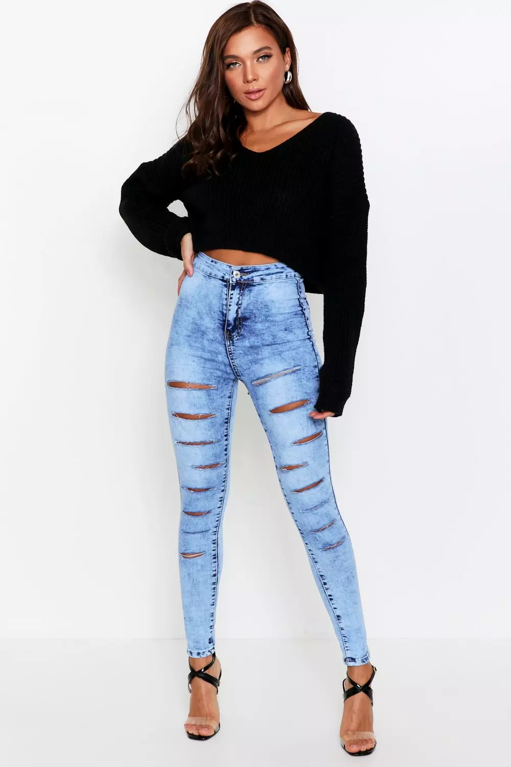 Acid Wash Full Ripped Skinny Jeans Misspap Uk