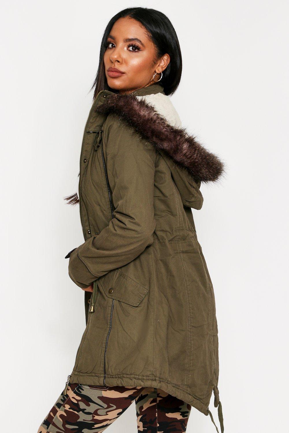 khaki faux fur trim hooded parka