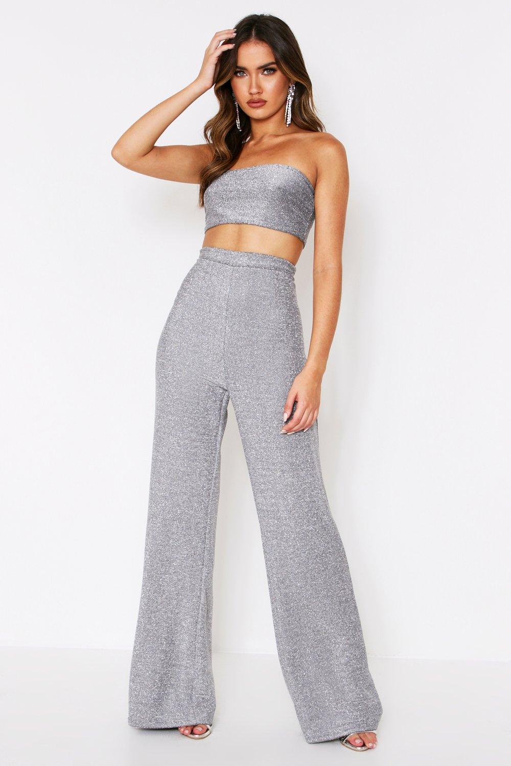 silver glitter flare pants