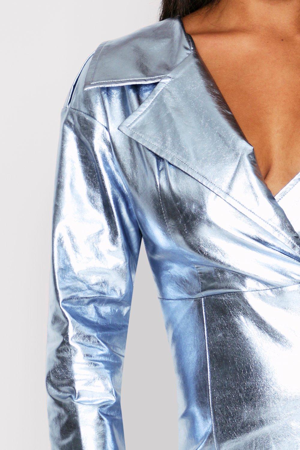 blue leather look trousers