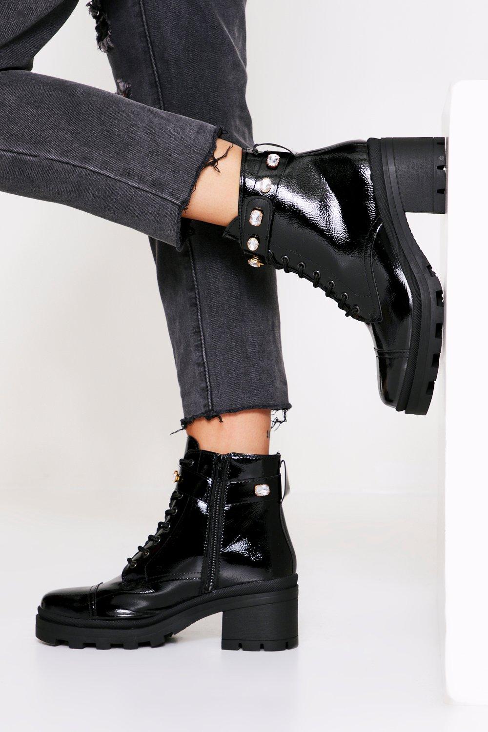 leather biker ankle boots with bejewelled straps
