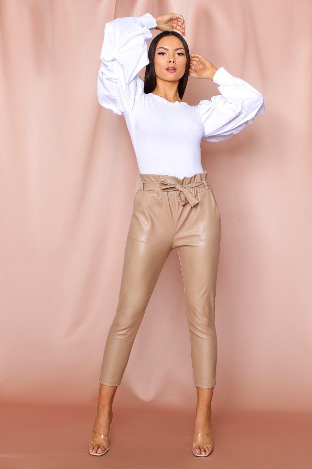 brown leather look trousers