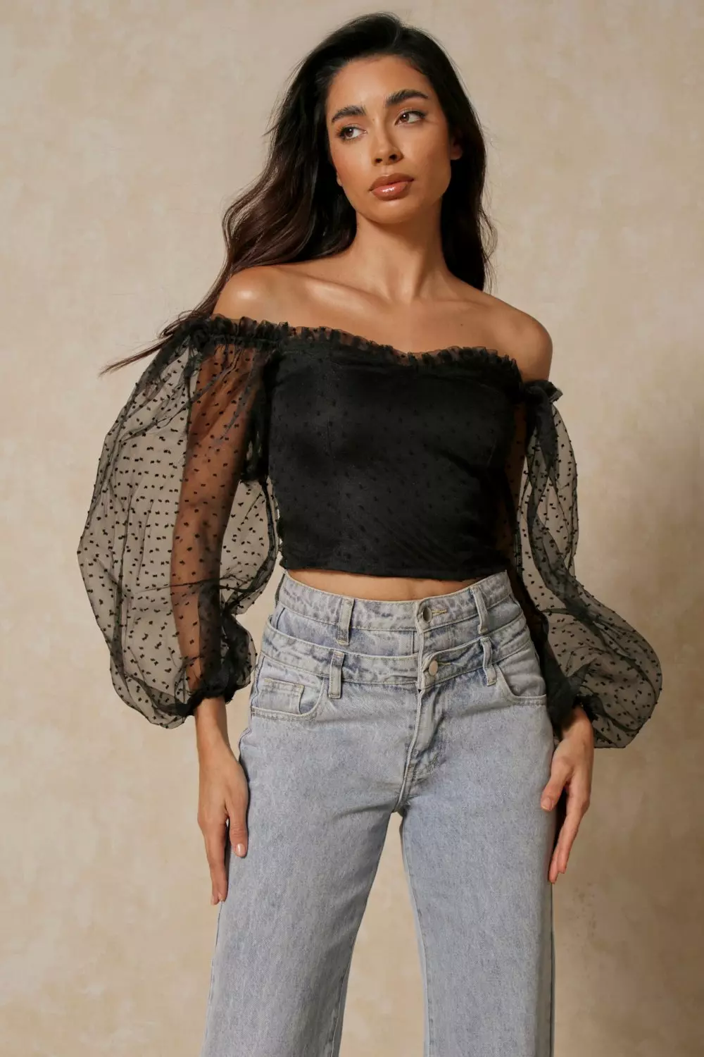 Spotty Mesh Balloon Sleeve Bardot Top | Misspap Australia