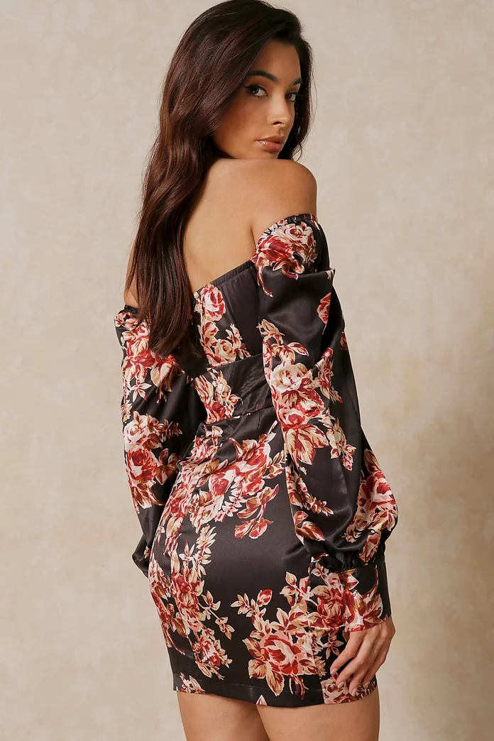 Satin Floral Ruched Front Wrap Dress