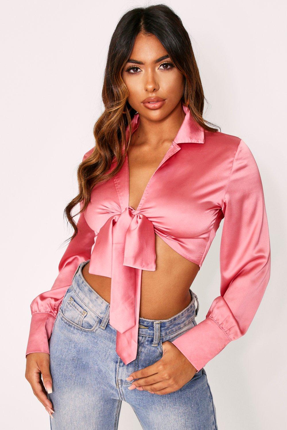 pink satin tie top