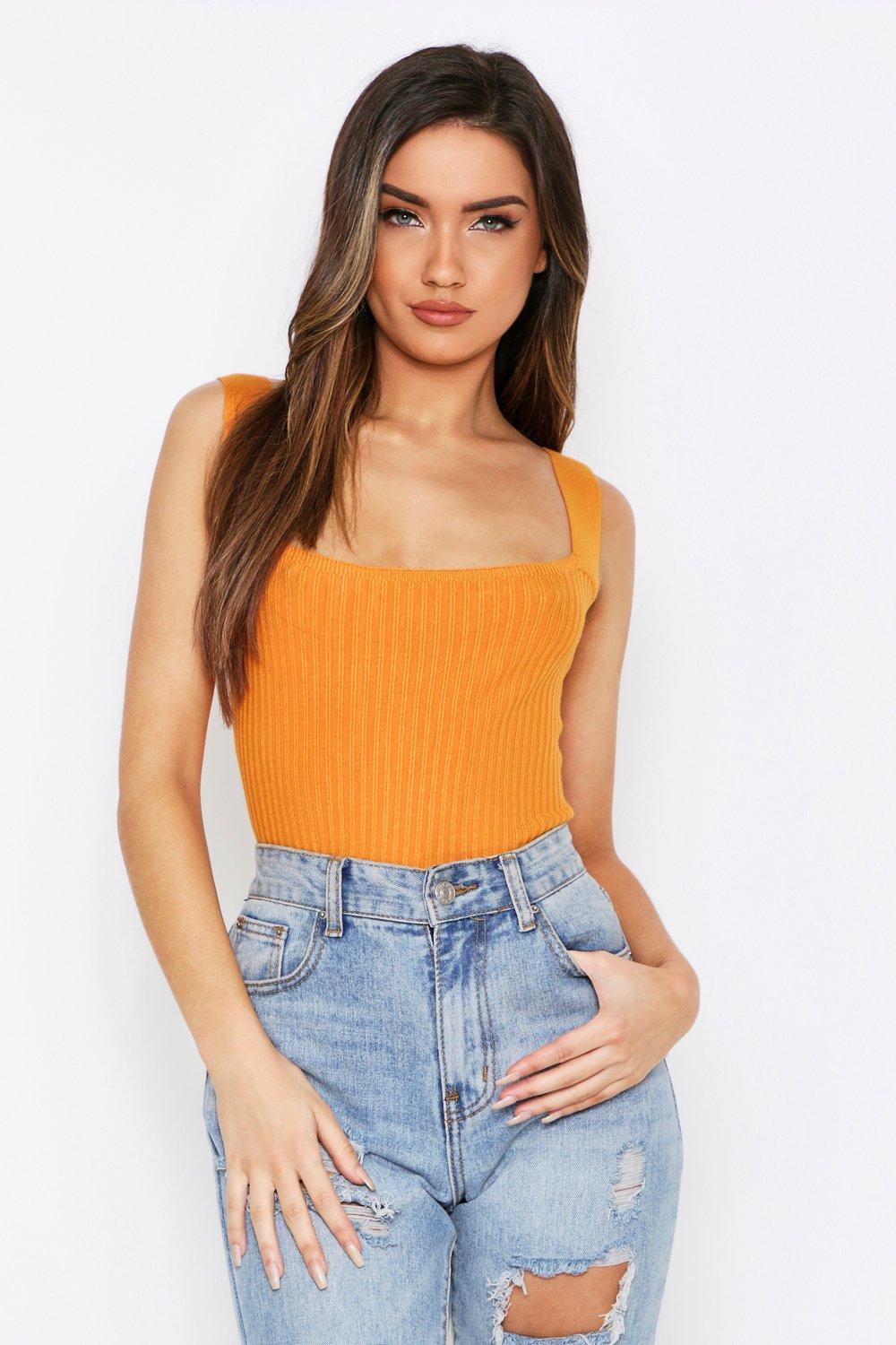Ribbed Thick Strap Square Neck Cami Misspap Uk