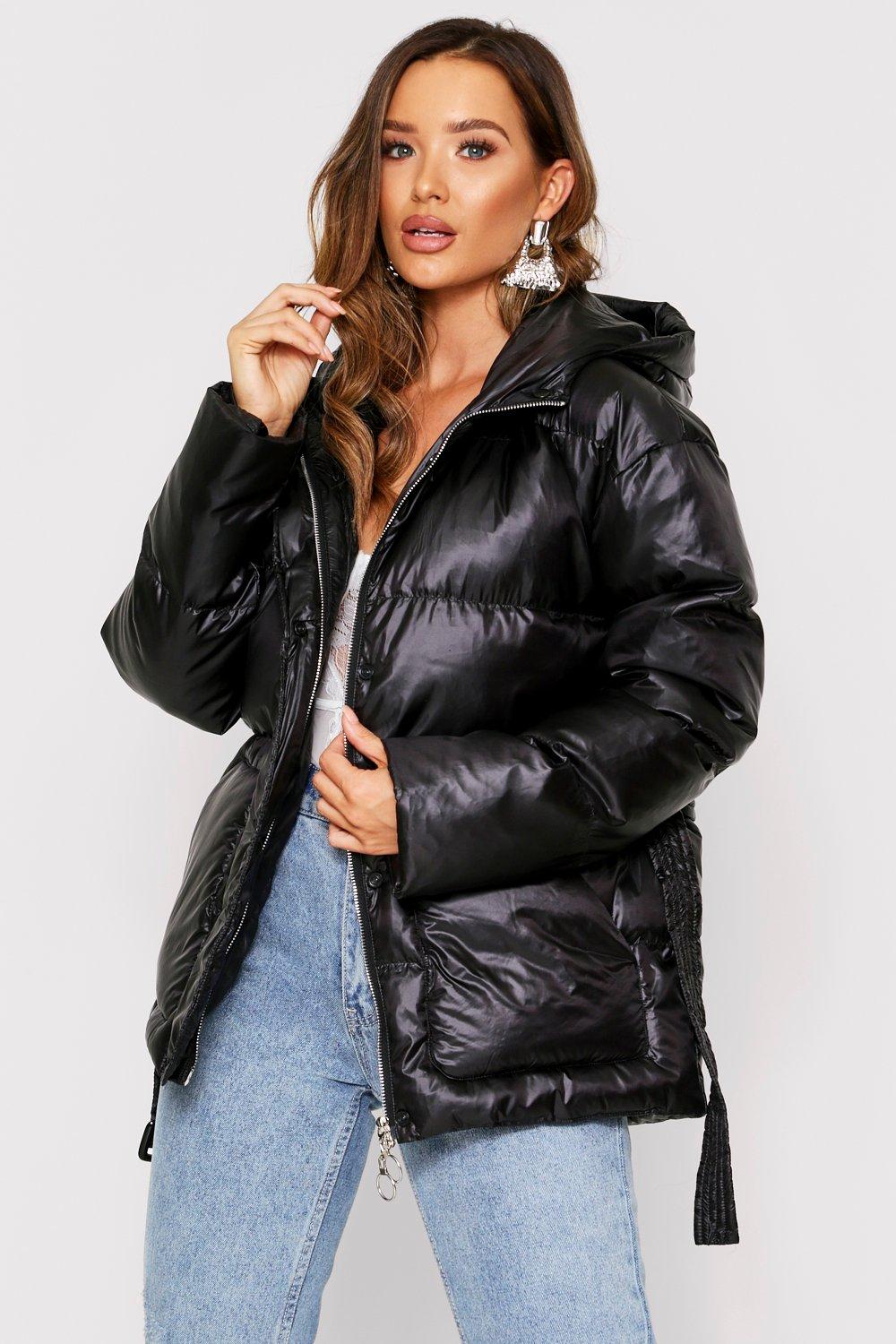 belted padded coat with hood