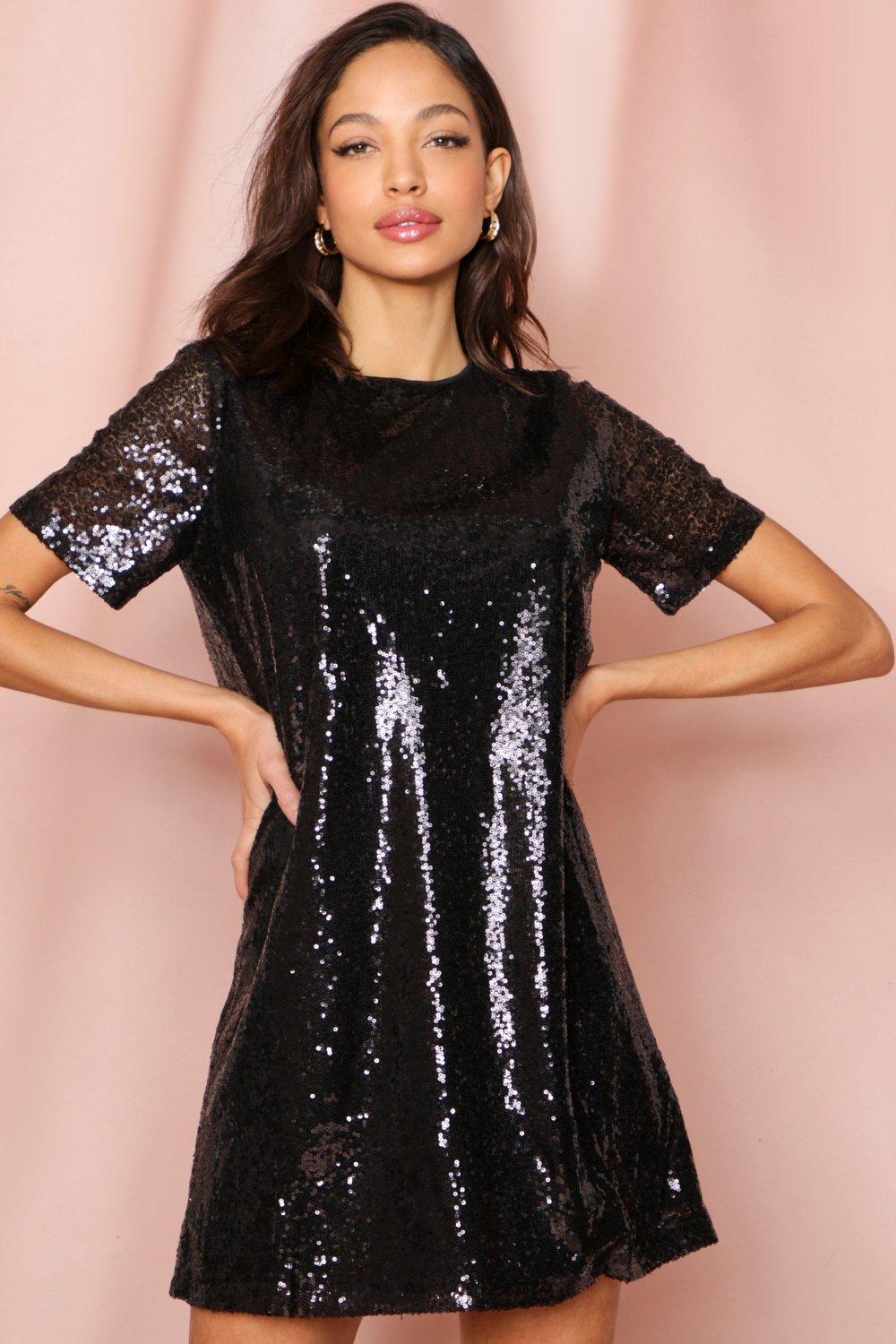 black sequin tshirt dress