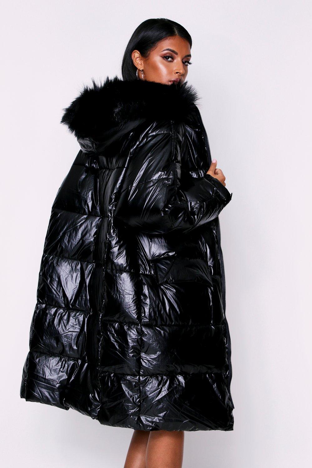 maxi puffer coat with fur hood