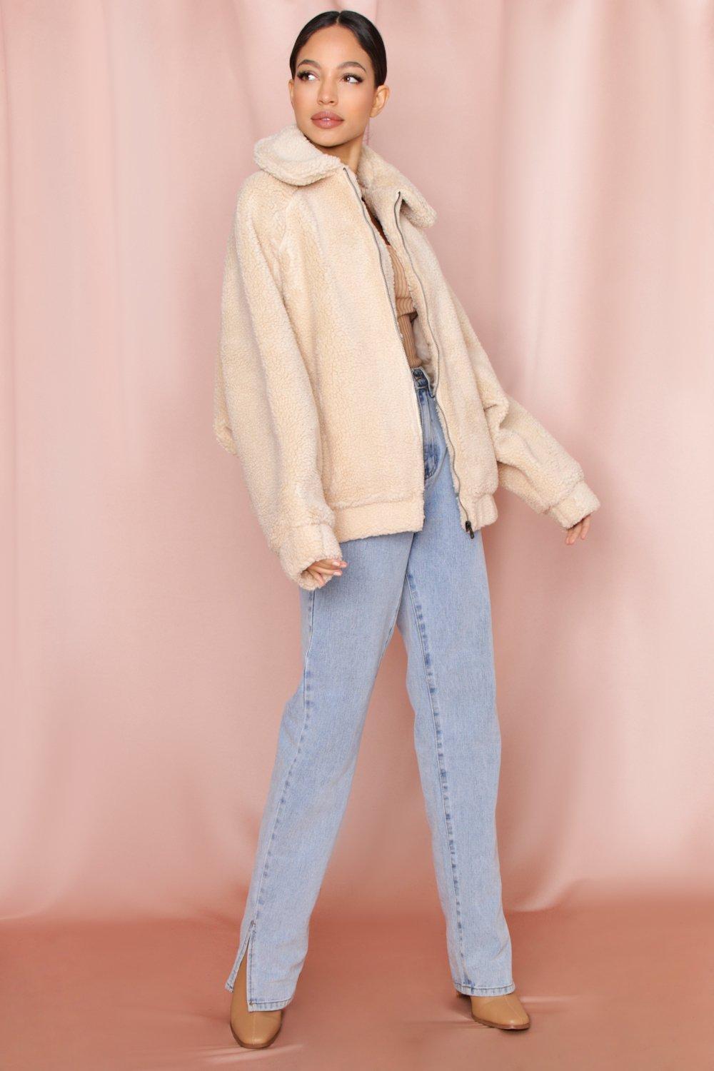 oversized teddy faux fur bomber jacket