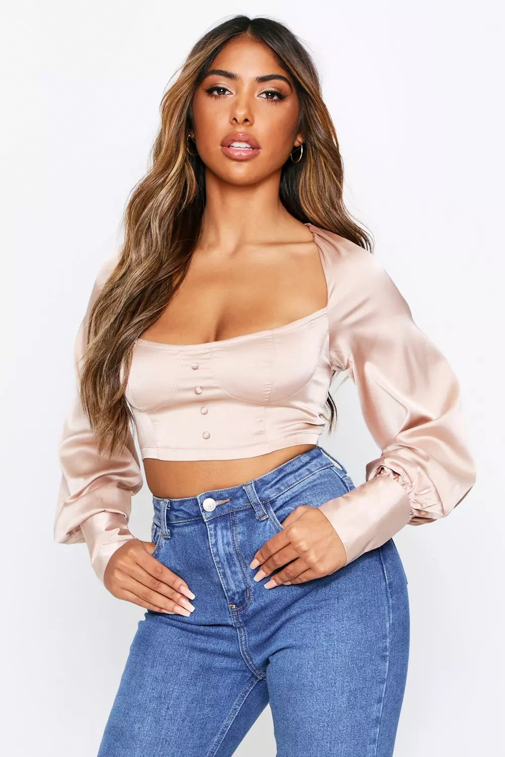 Satin Button Front Square Neck Top | Misspap UK