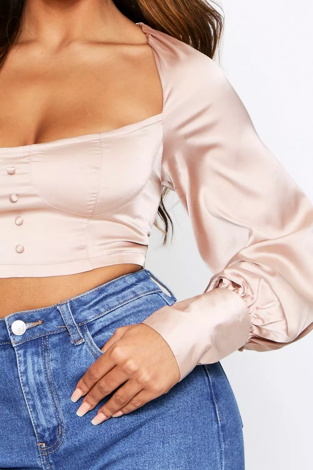 Satin Button Front Square Neck Top | Misspap UK