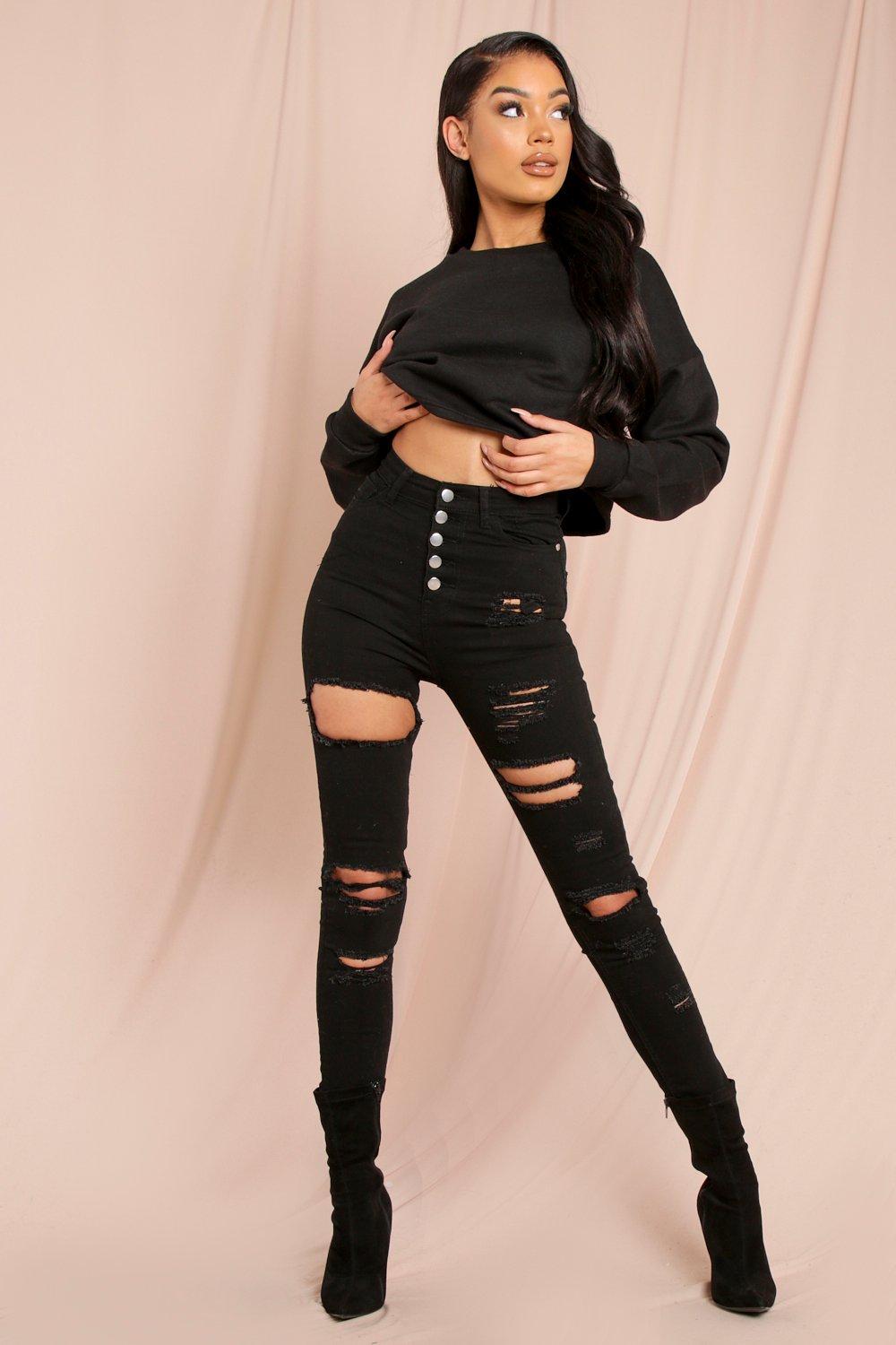 black extreme ripped skinny jeans womens