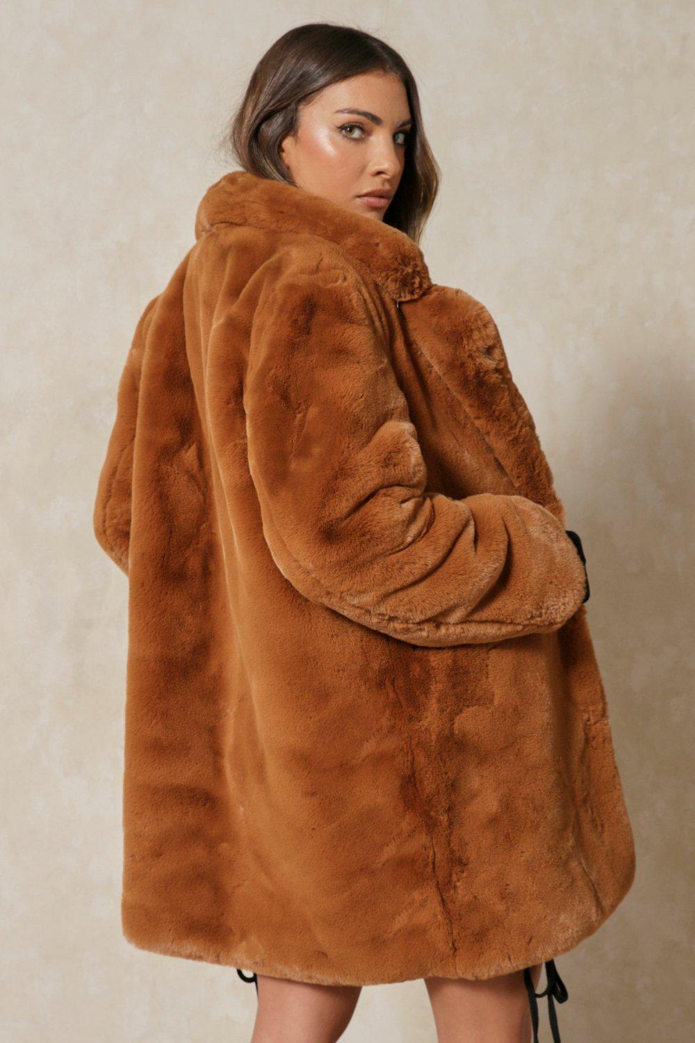 brown hooded faux fur coat