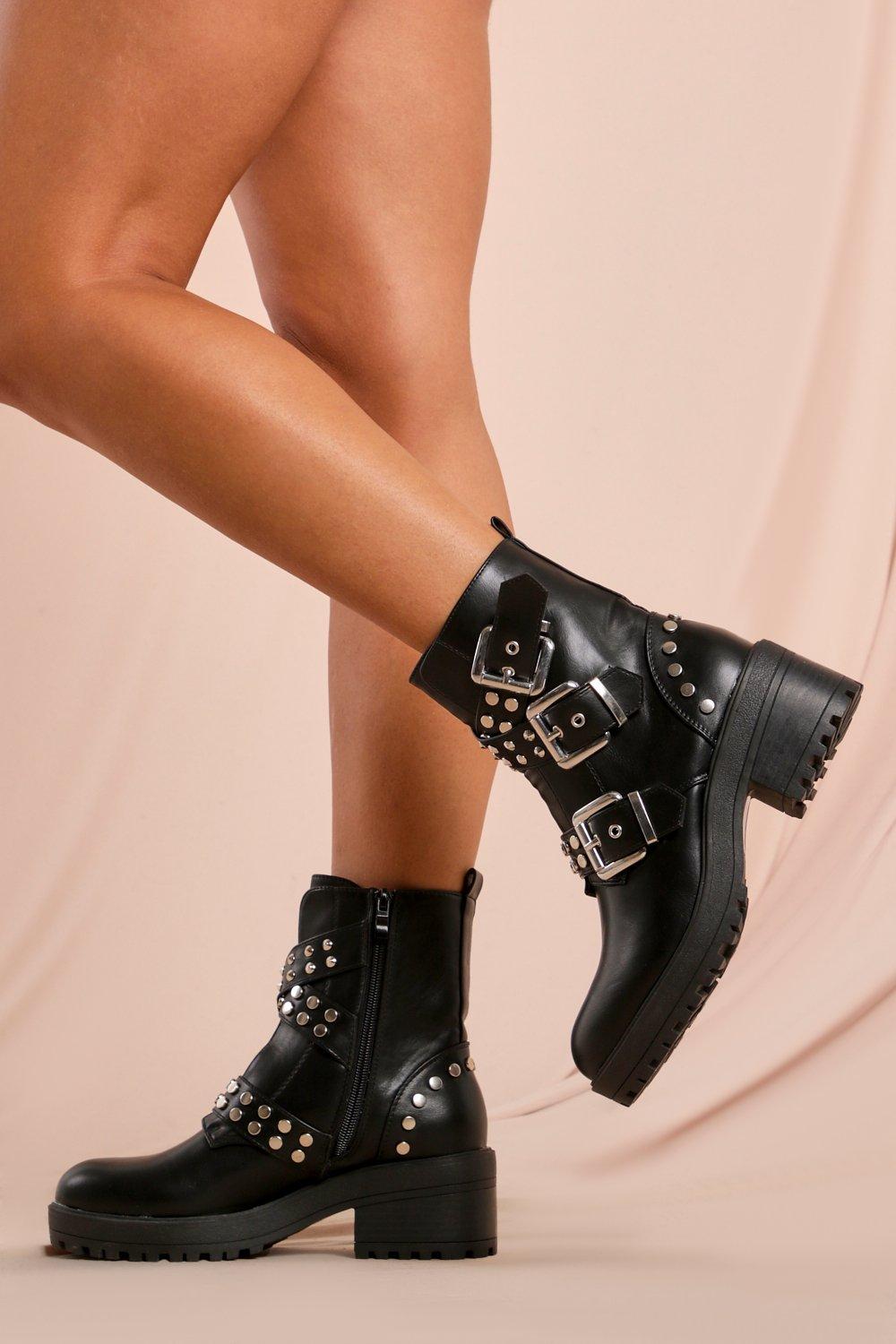 Studded Buckle Chunky Hiker Boots 