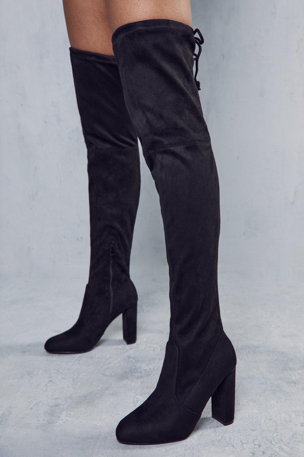 thigh high black boots block heel