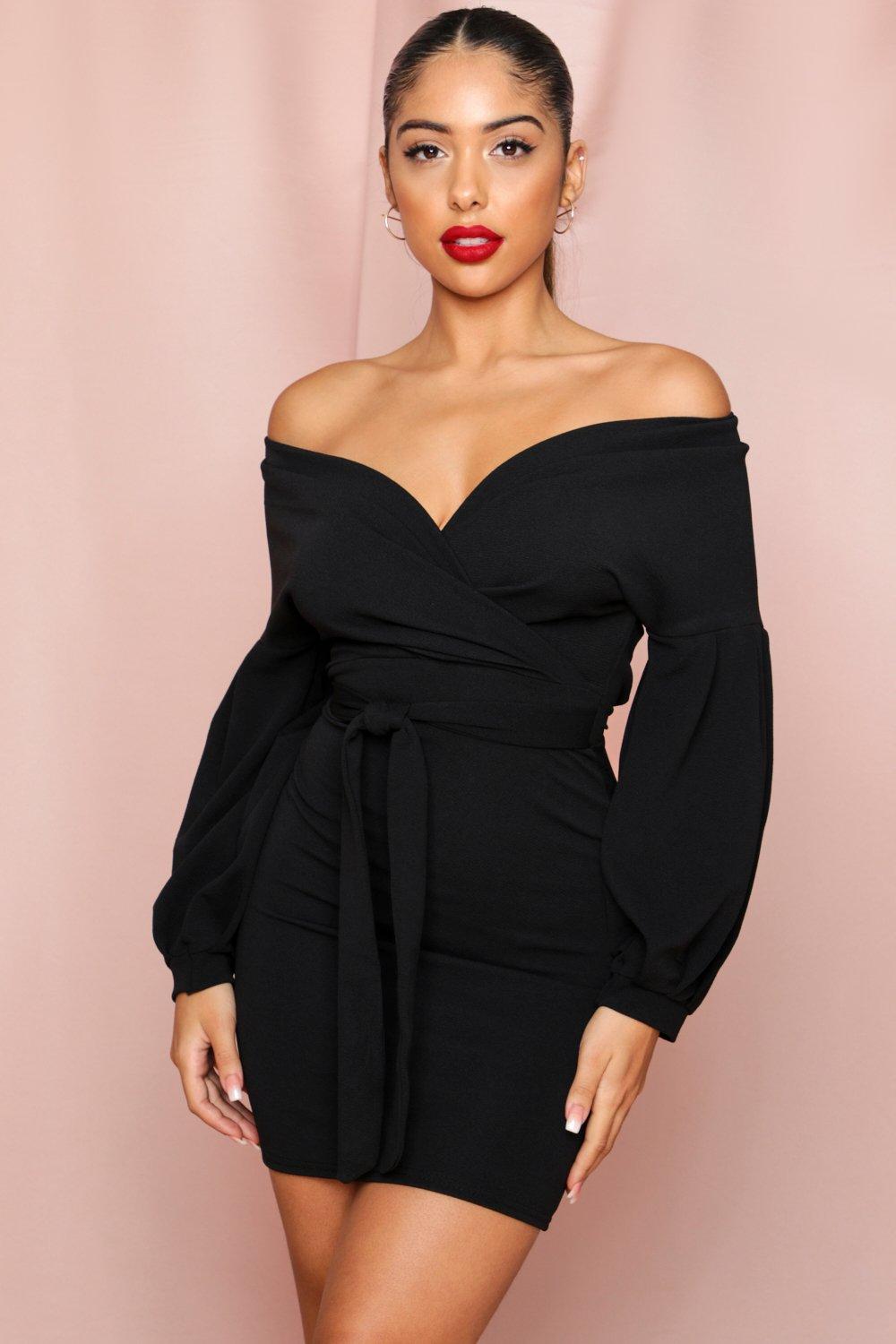 black off the shoulder wrap dress