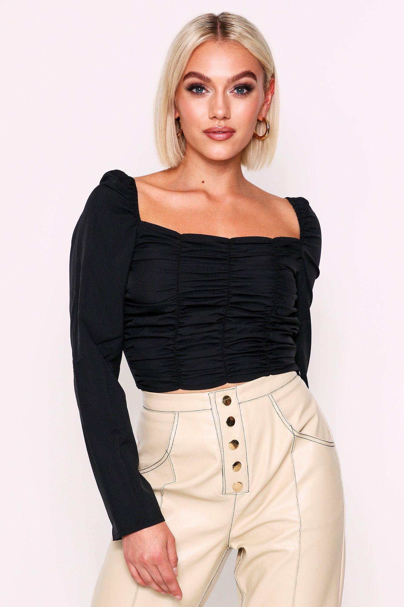 black ruched long sleeve top