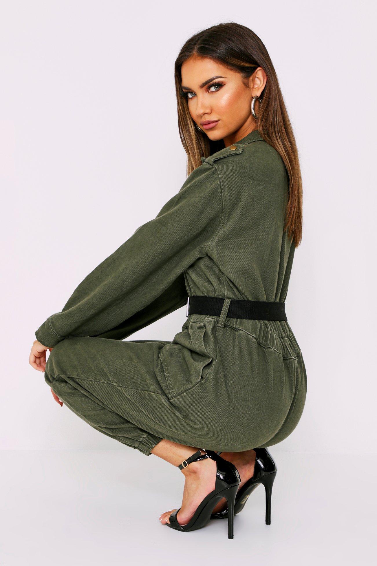 khaki denim utility jumpsuit