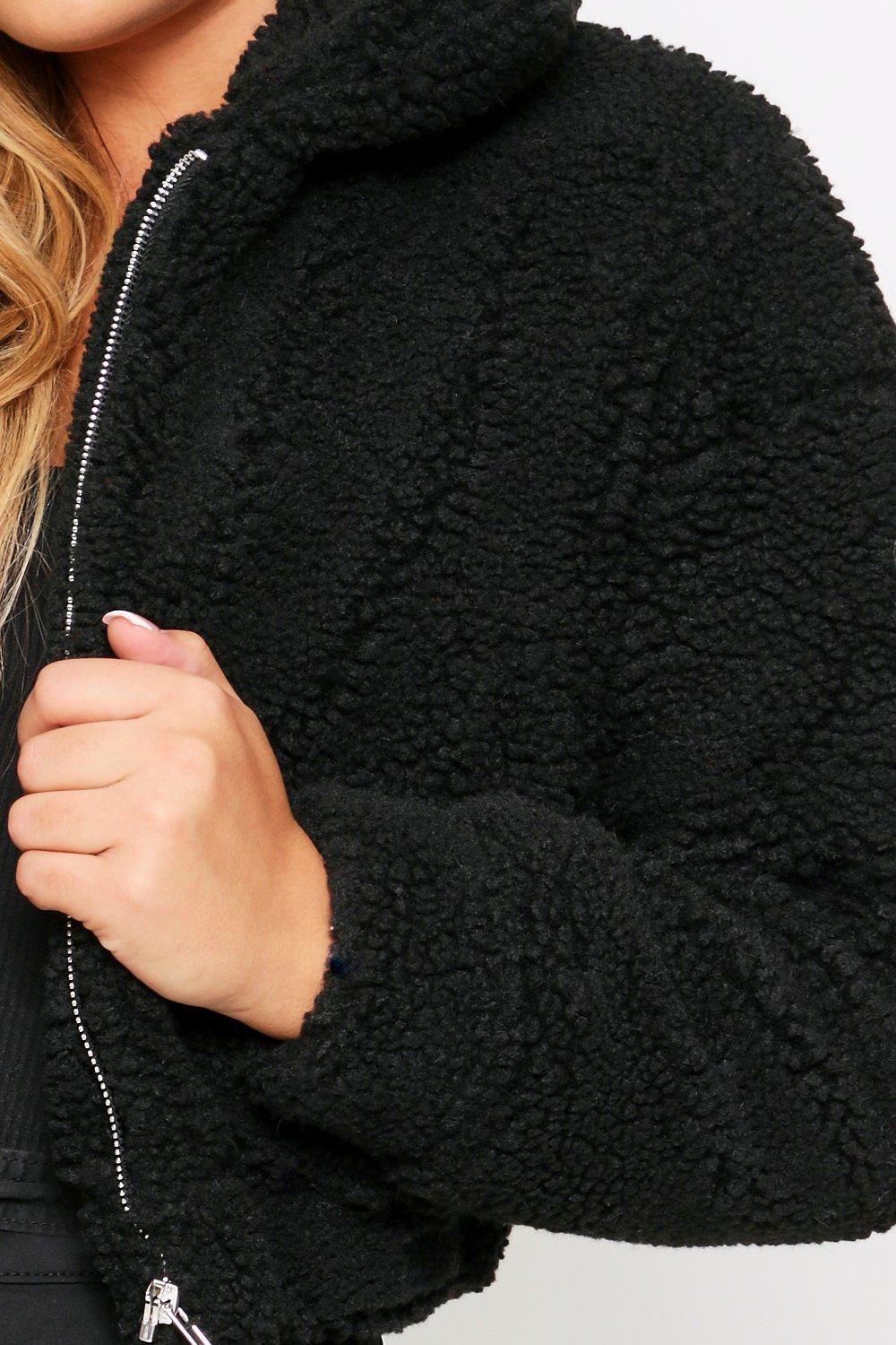 cropped teddy jacket with hood