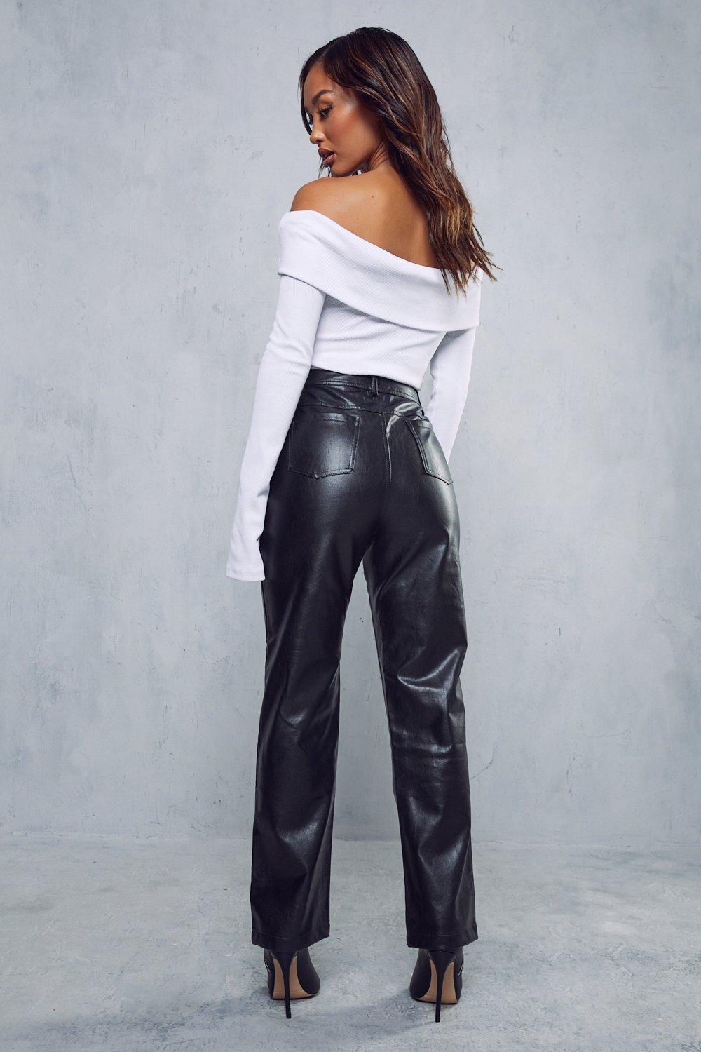 leather look straight leg trousers