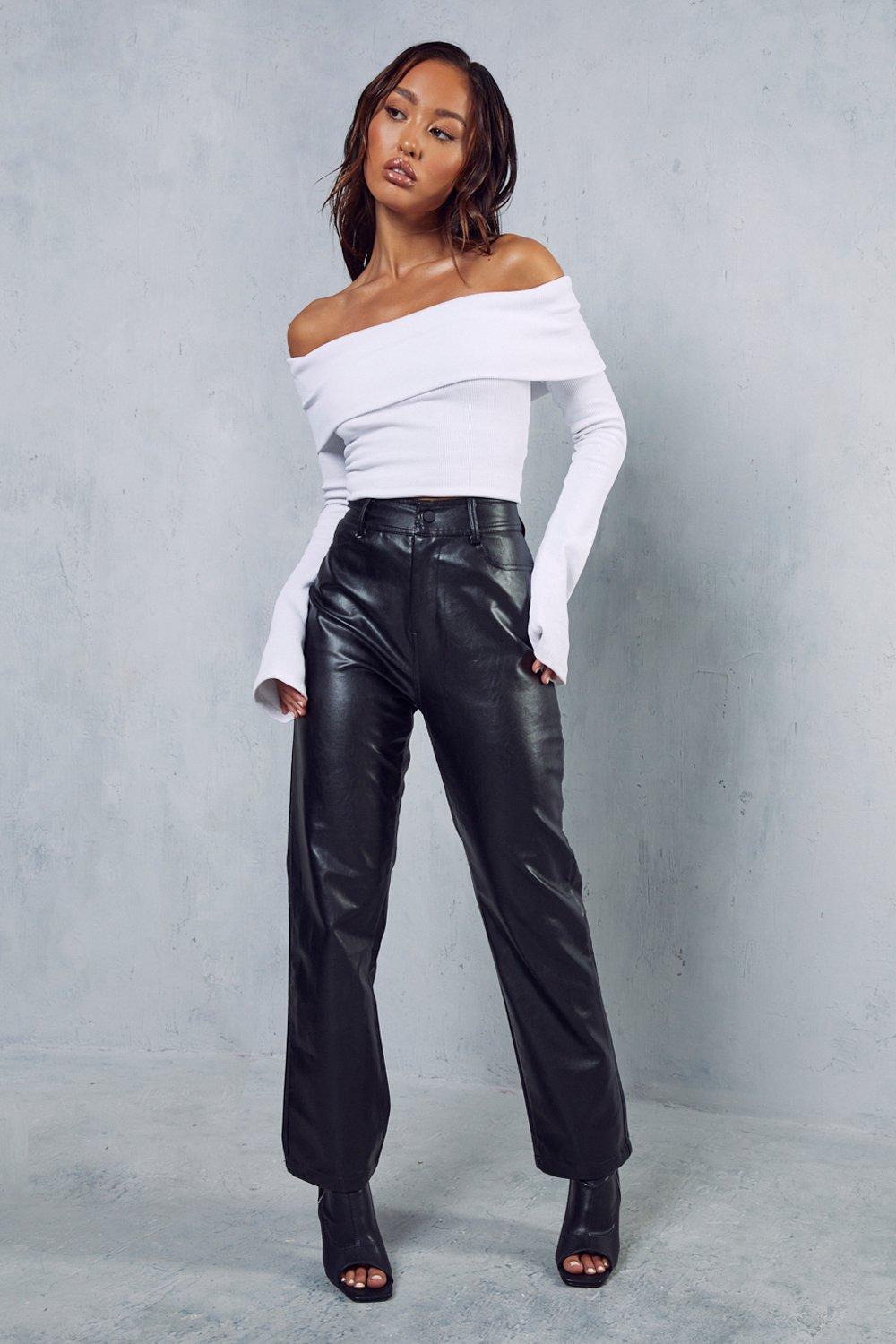 leather look straight leg trousers