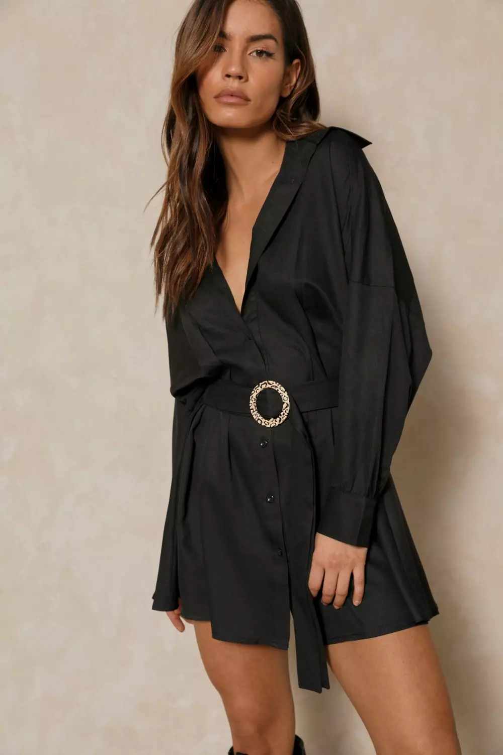 O Ring Belted Oversized Shirt Dress Misspap Uk