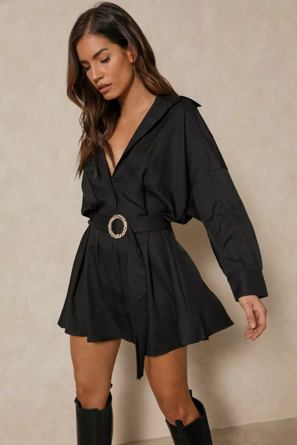 O Ring Belted Oversized Shirt Dress Misspap Uk