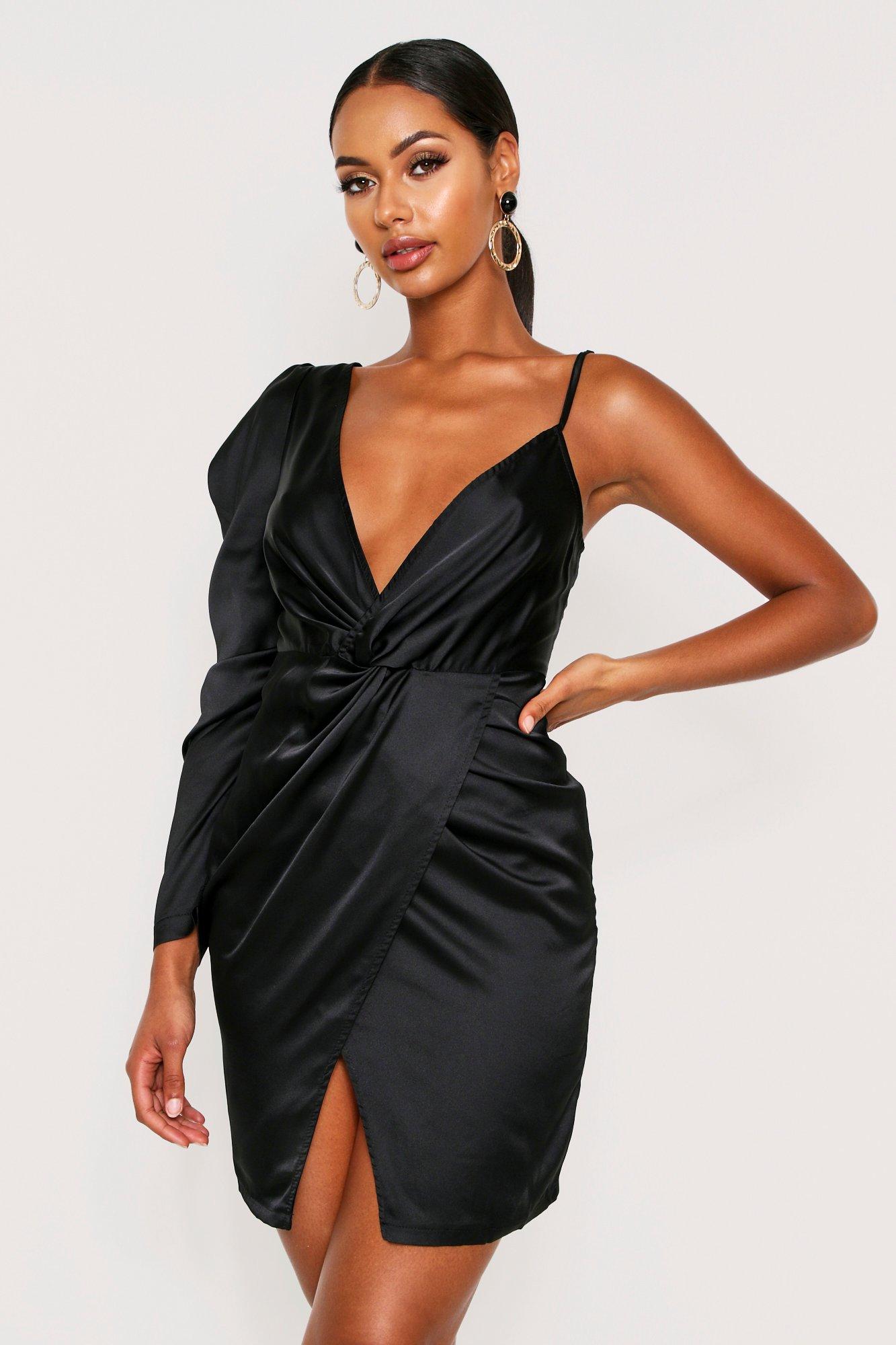 black satin one shoulder dress