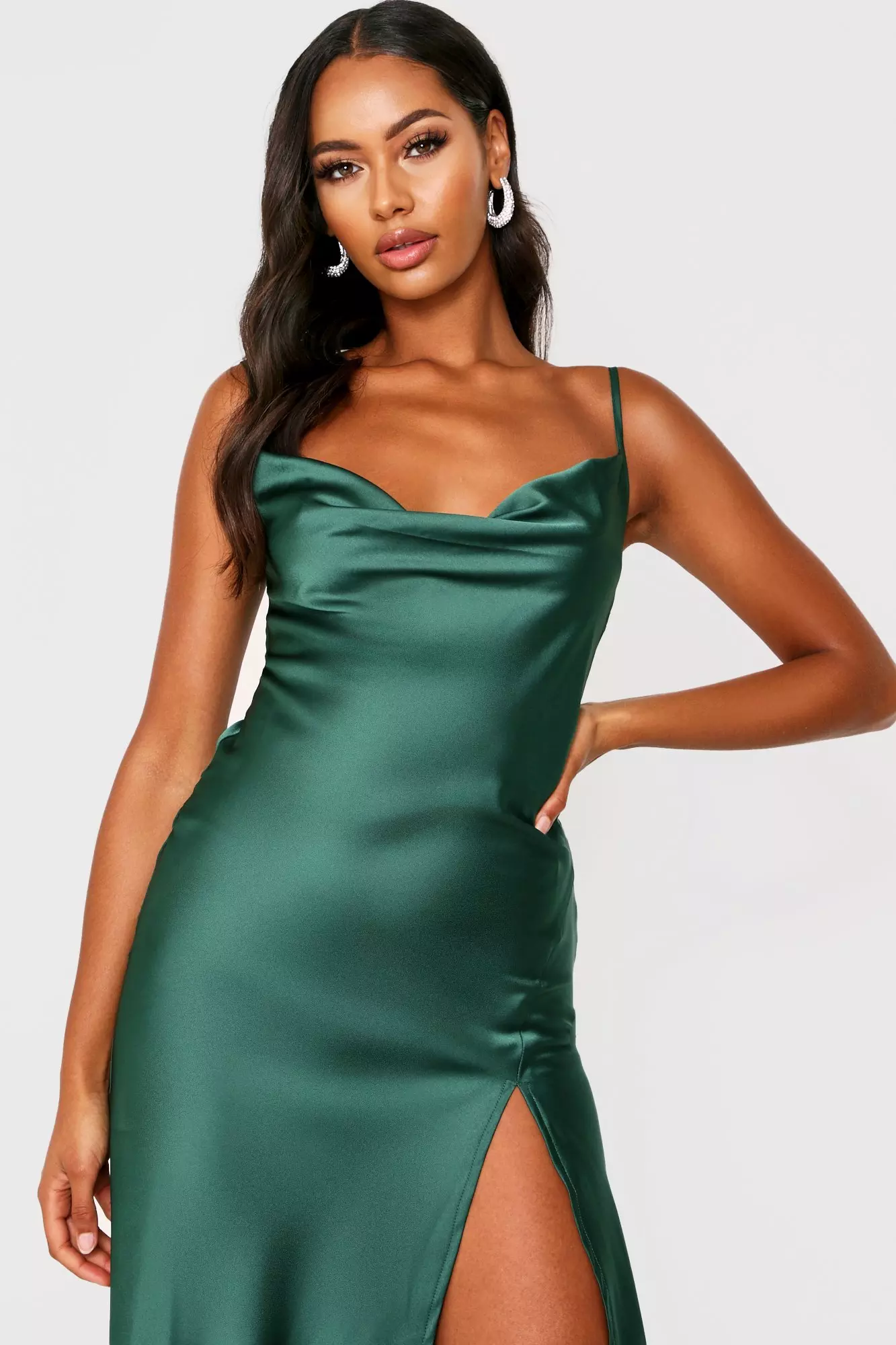 Green Cowl Neck Satin Slip Cami Midi Dress | SilkFred