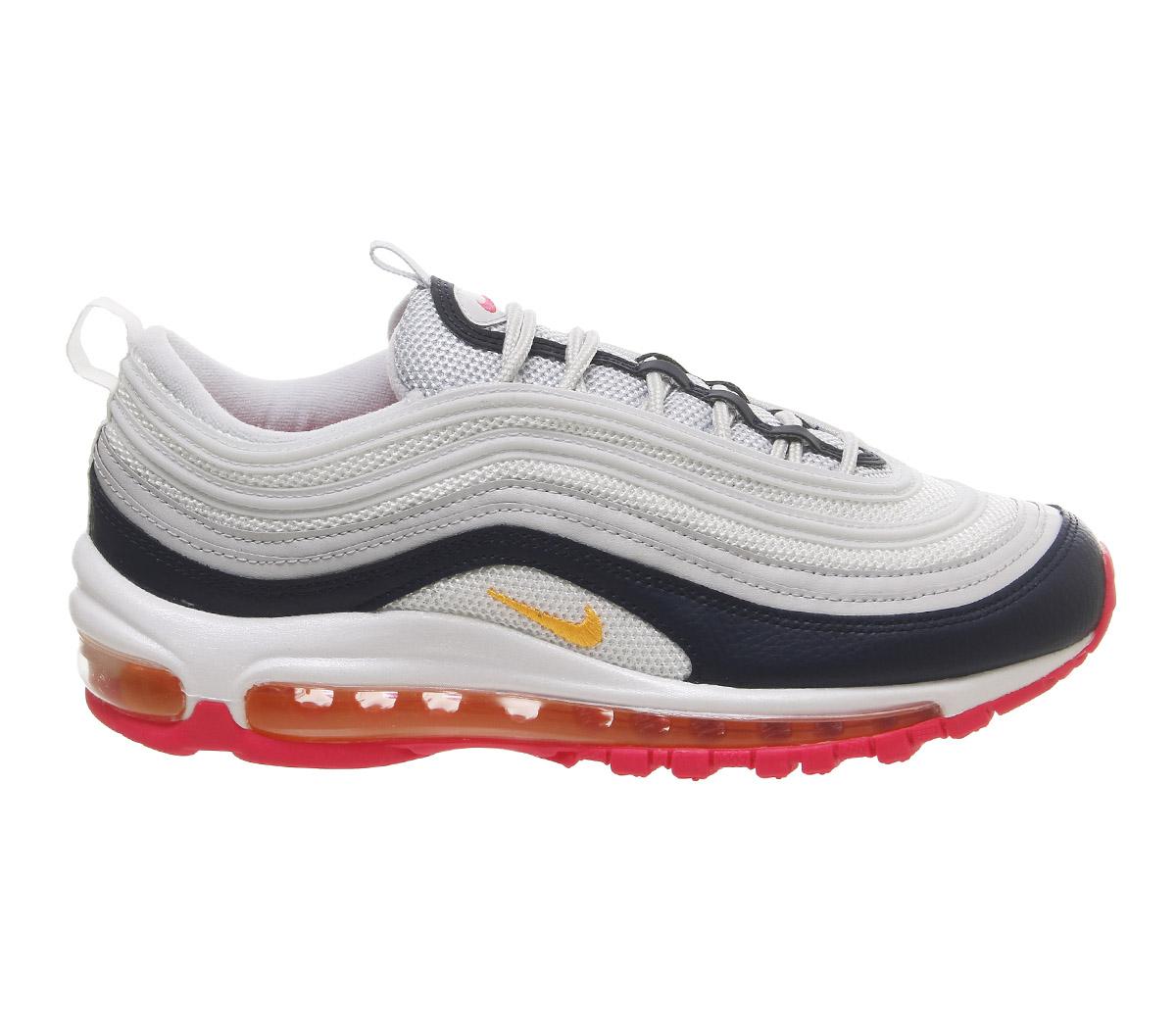 Nike Air Max 97 Trainers Pure Platinum Laser Orange Midnight Navy Racer ...